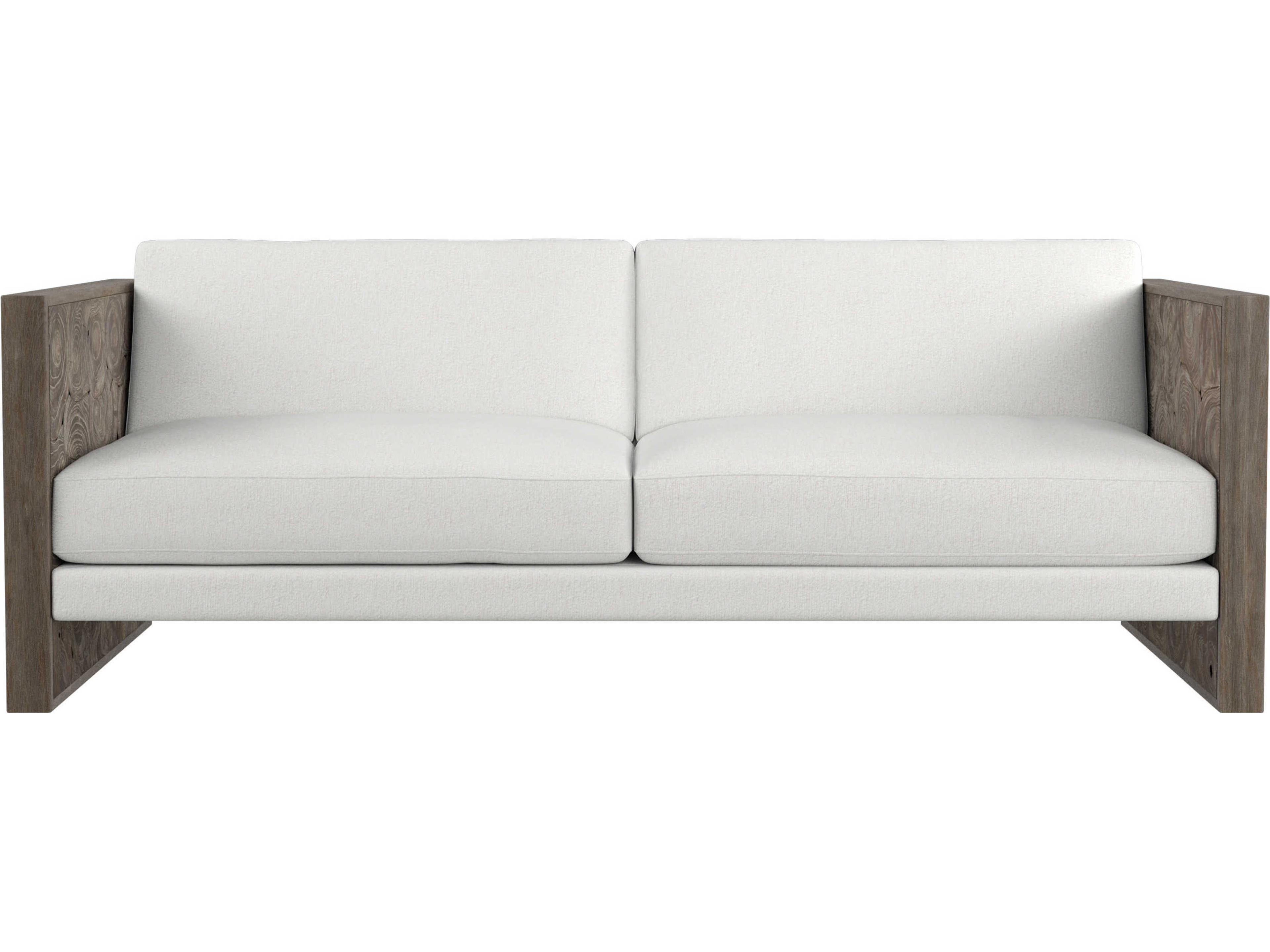 Bernhardt Exteriors Smoked Truffle Fabric Teak Wood Cushion Outdoor Patio Sofa