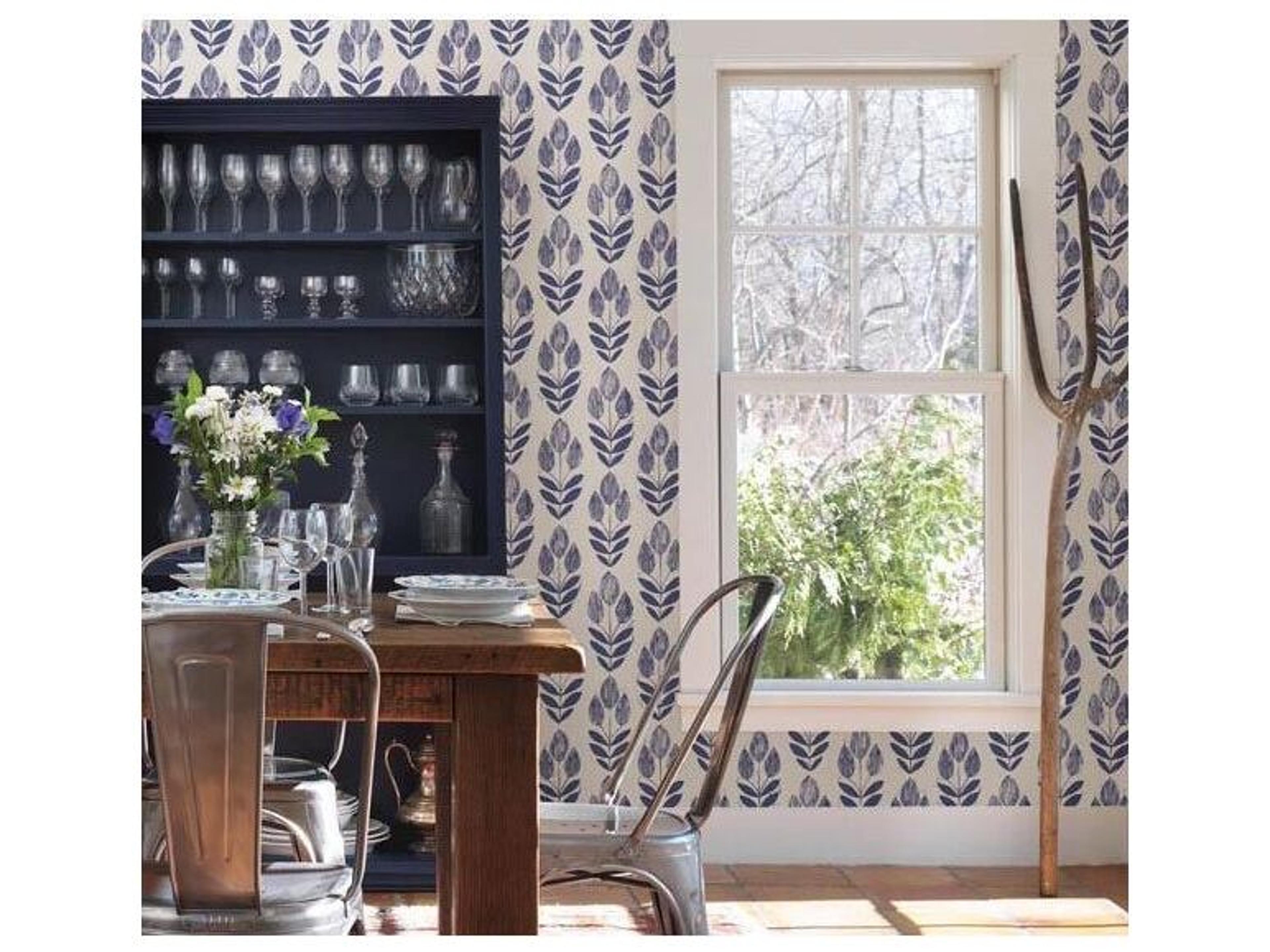 Brewster Home Fashions Beacon House Scandinavian Blue Block Print Tulip Wallpaper