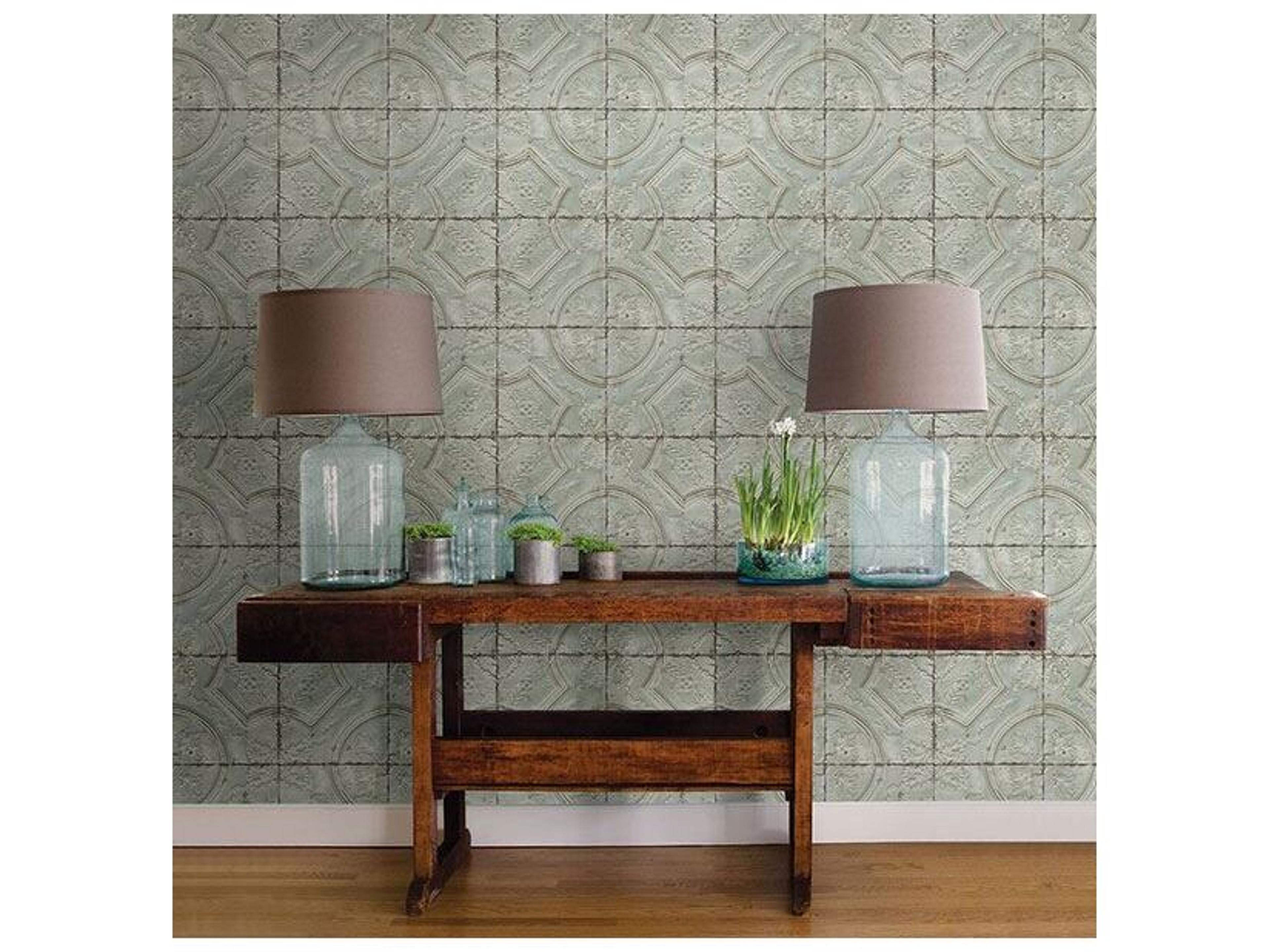 Brewster Home Fashions Chesapeake Susanna Teal Vintage Tin Tile Wallpaper