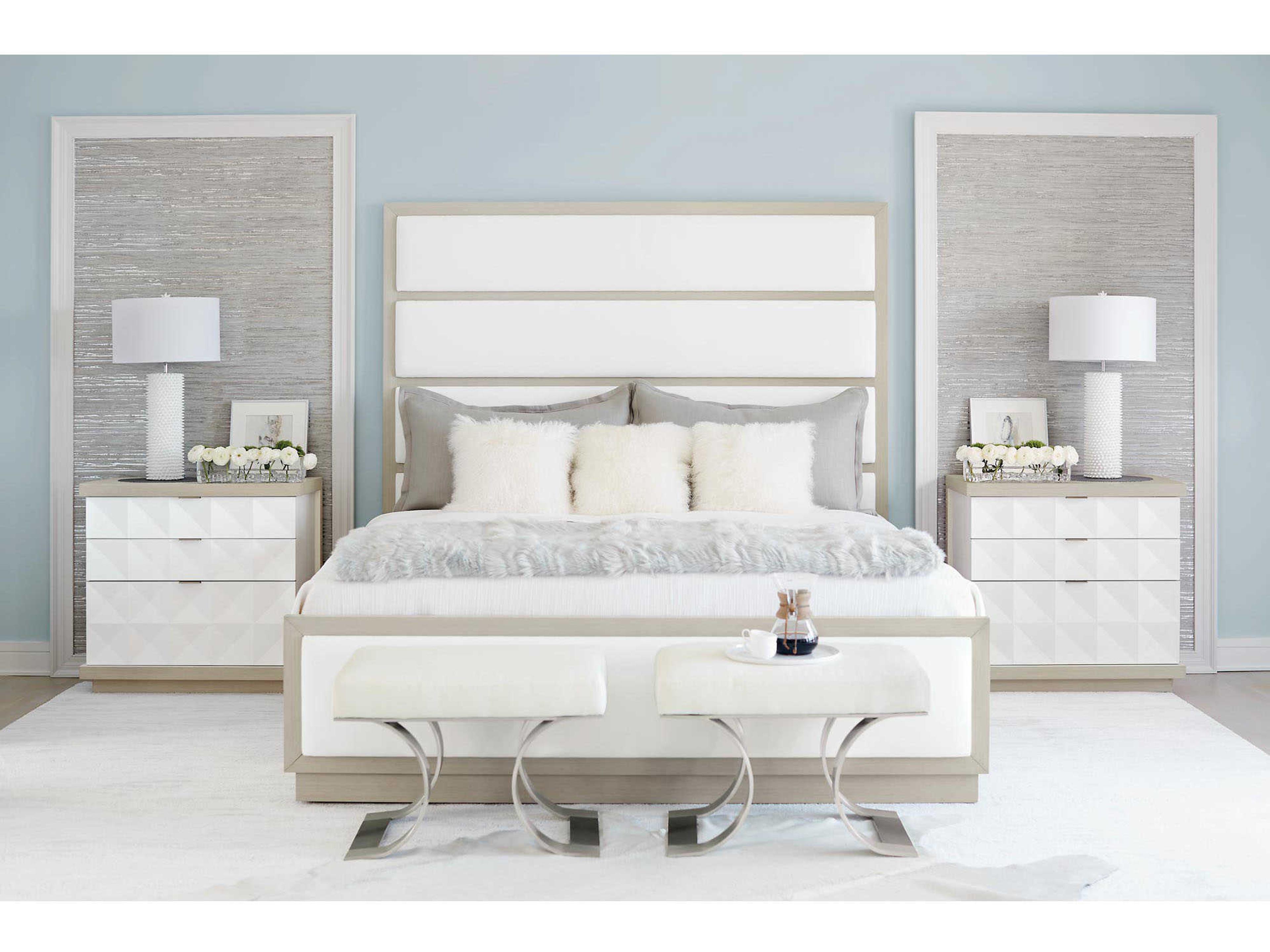 Bernhardt Axiom Linear Gray Beige Poplar Wood Upholstered Queen Panel Bed
