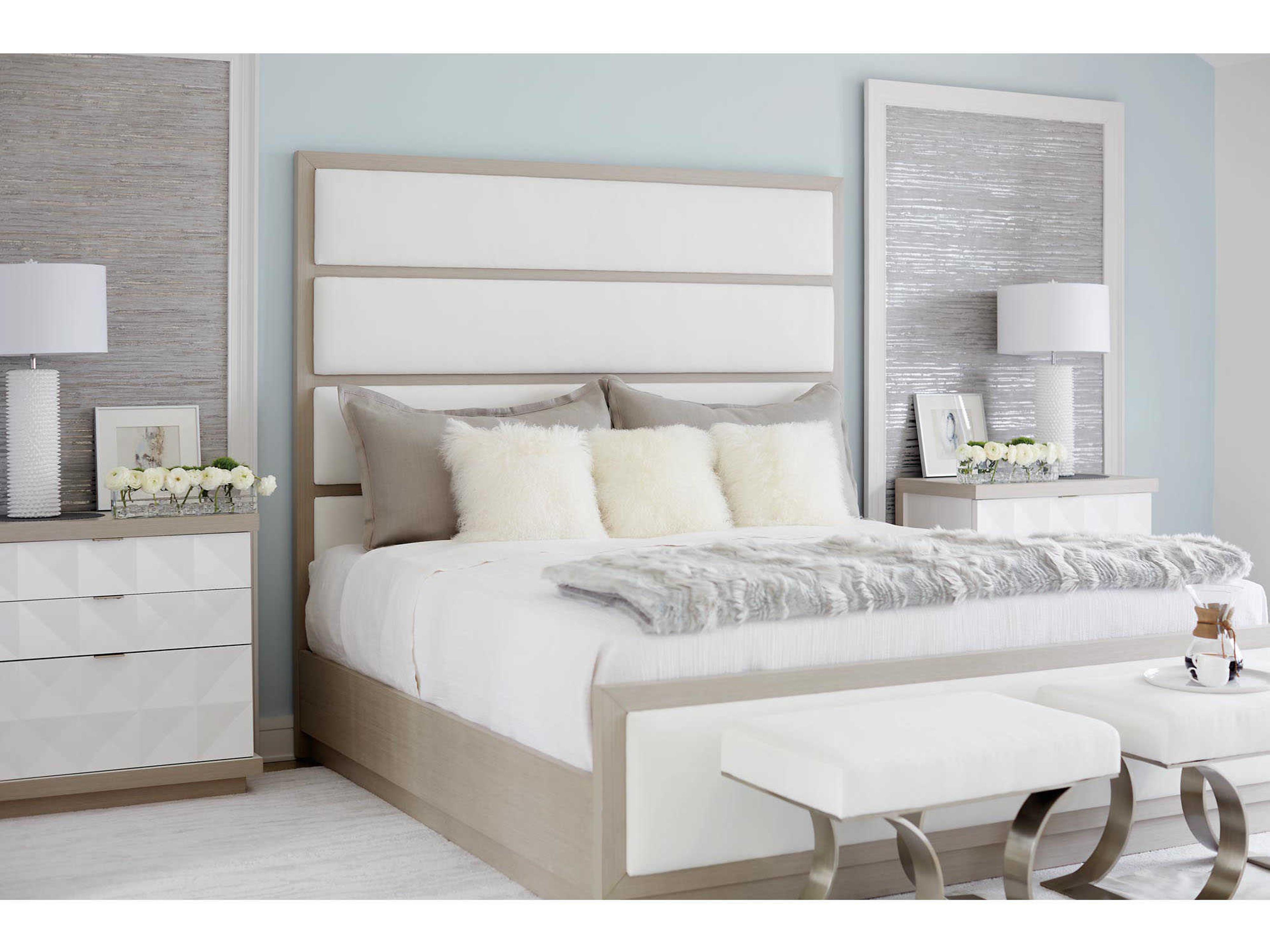 Bernhardt Axiom Linear Gray Beige Poplar Wood Upholstered King Panel Bed