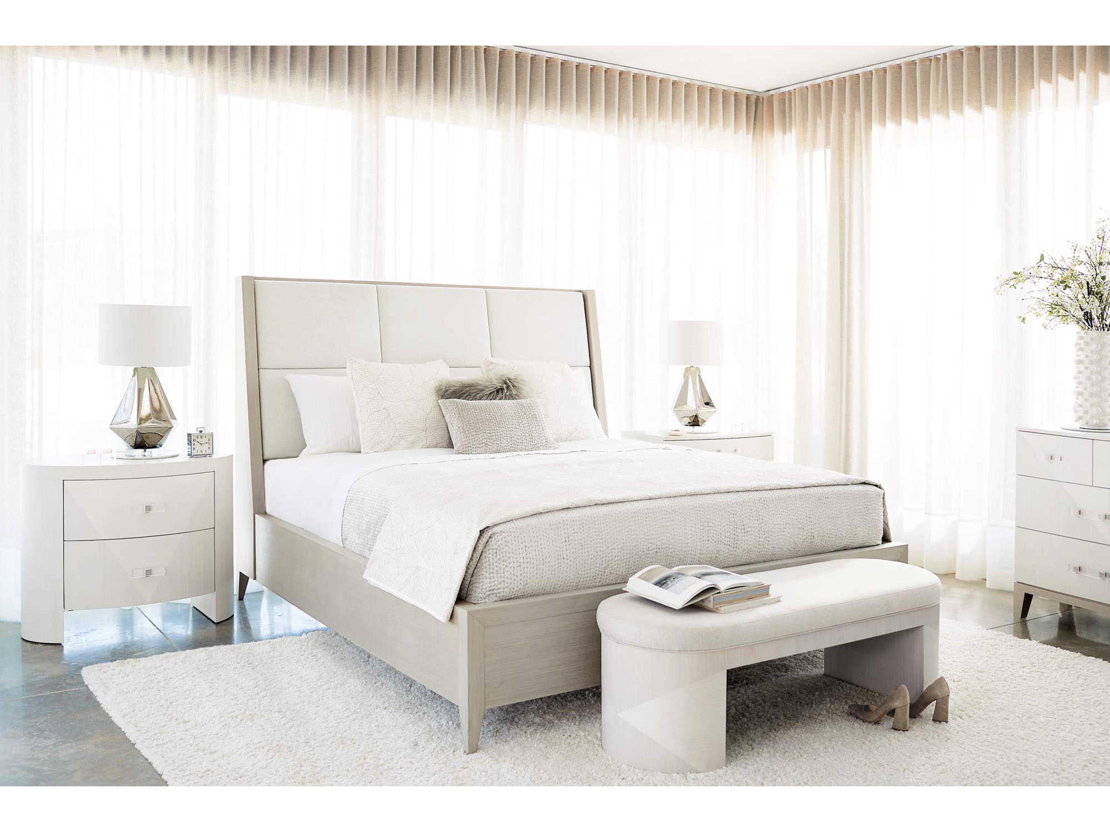 Bernhardt Axiom Linear Gray Beige Poplar Wood Upholstered King Panel Bed