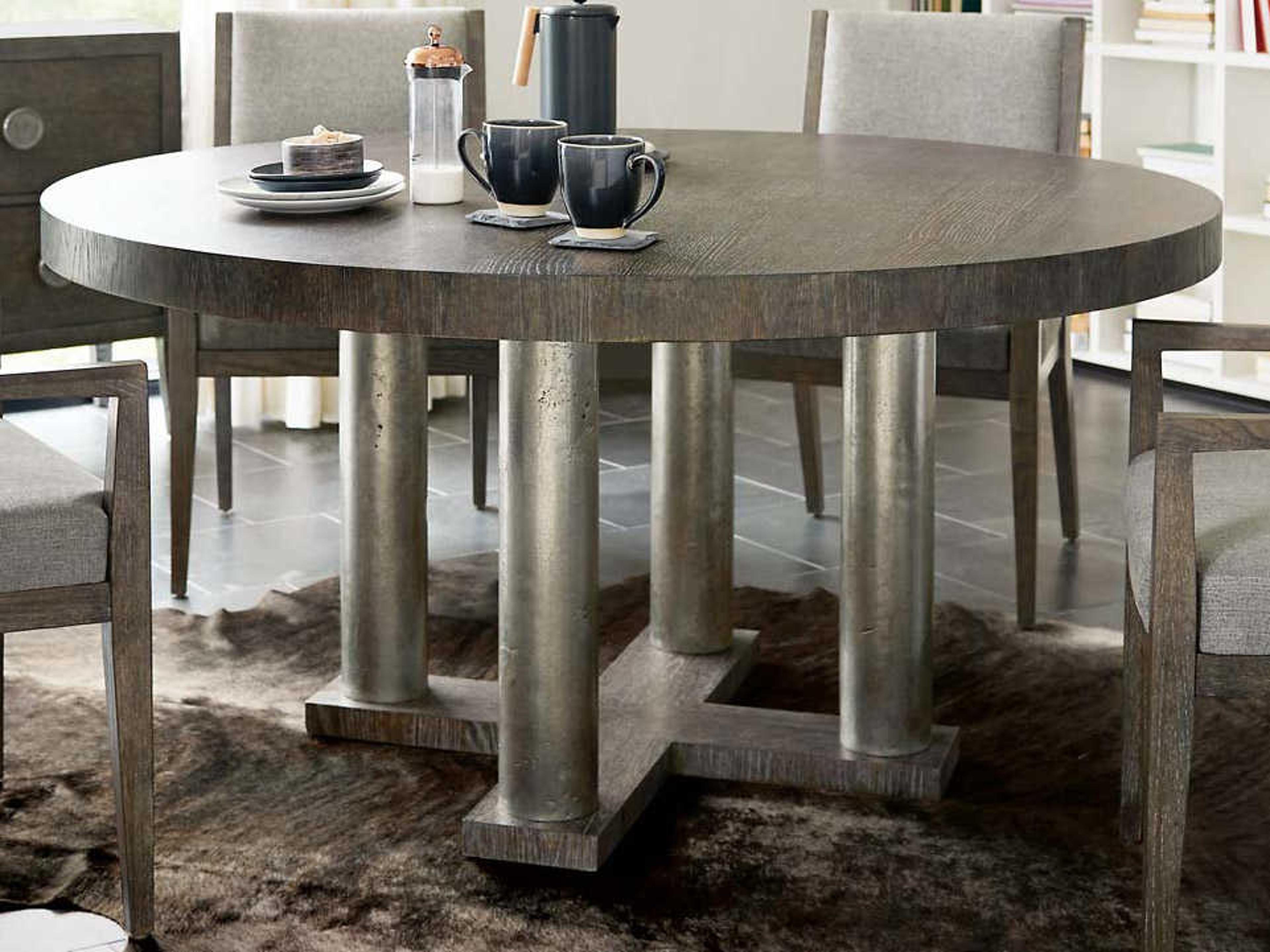 Bernhardt Linea Round Wood Cerused Charcoal Textured Graphite Metal Dining Table