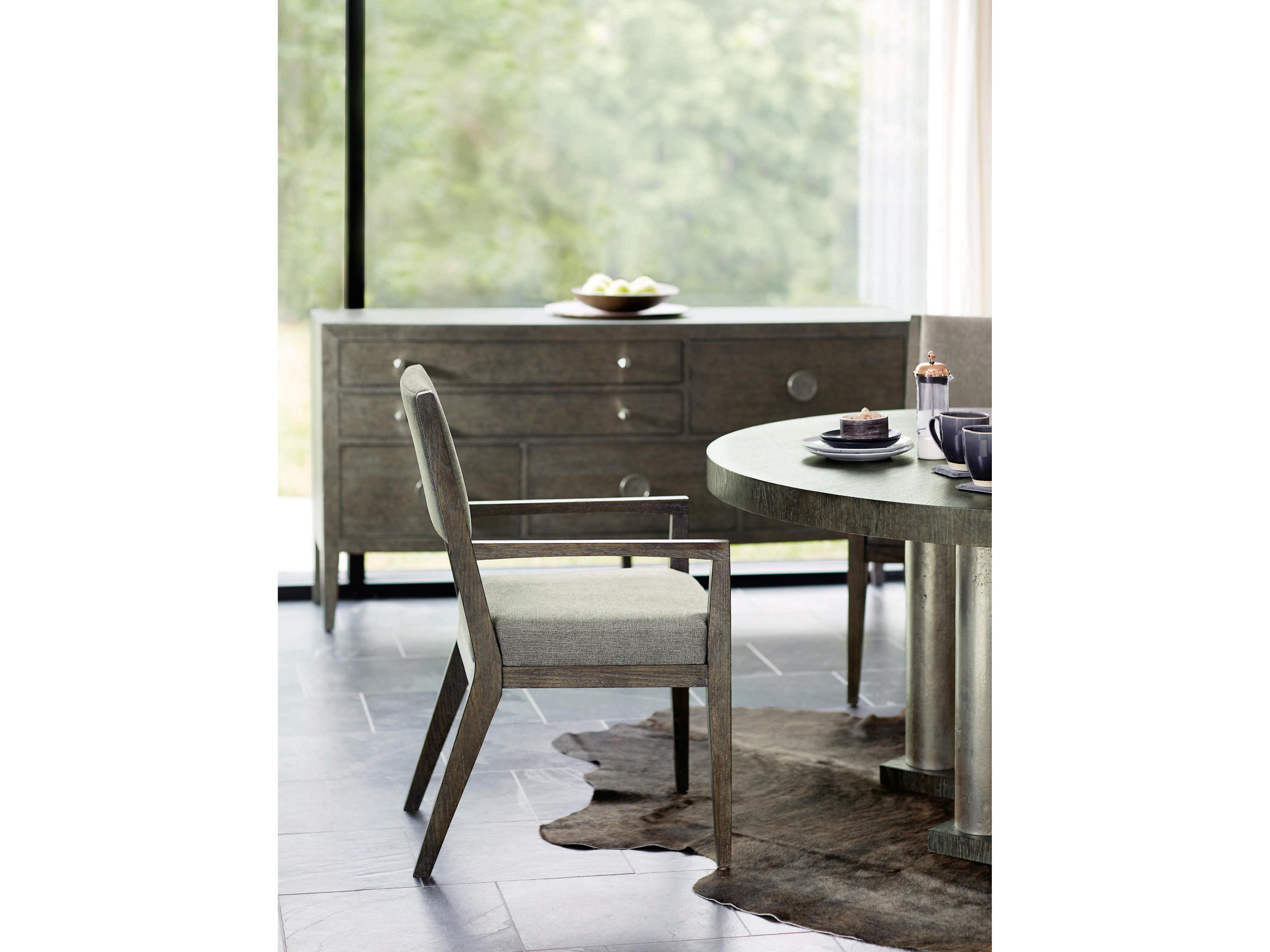 Bernhardt Linea Round Wood Cerused Charcoal Textured Graphite Metal Dining Table