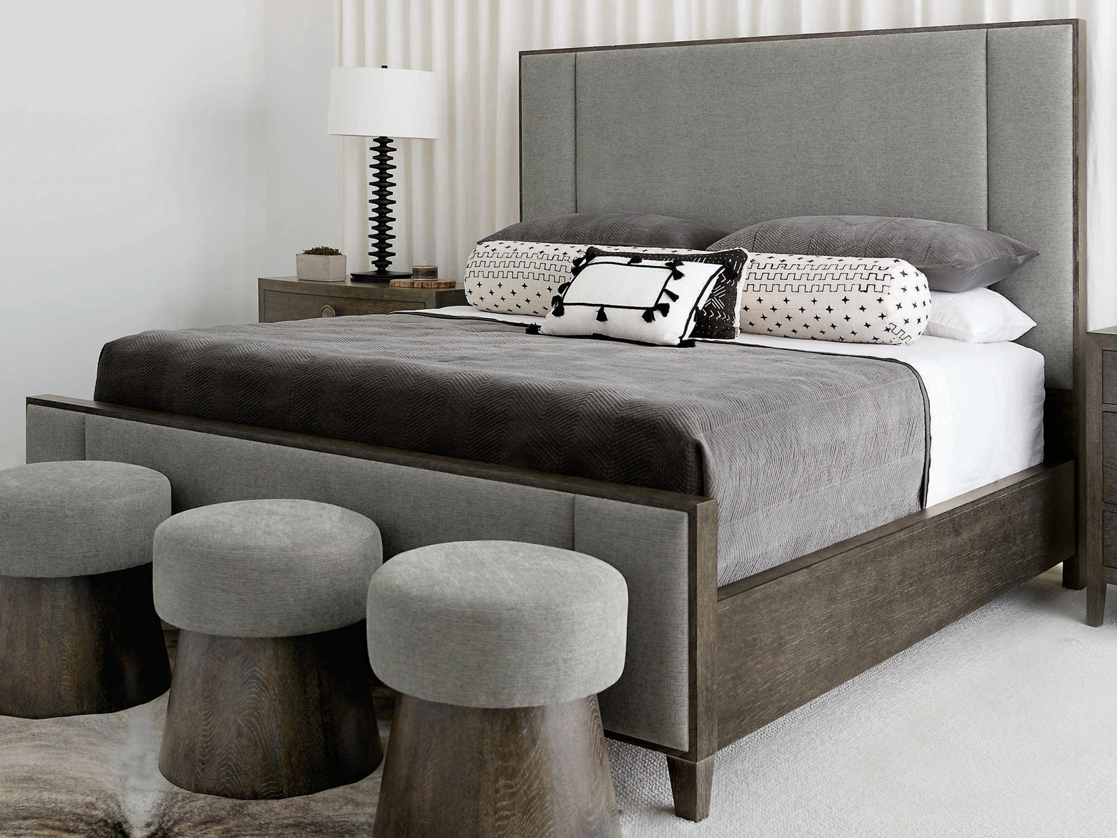 Bernhardt Linea Cerused Charcoal Gray Oak Wood Upholstered California King Panel Bed