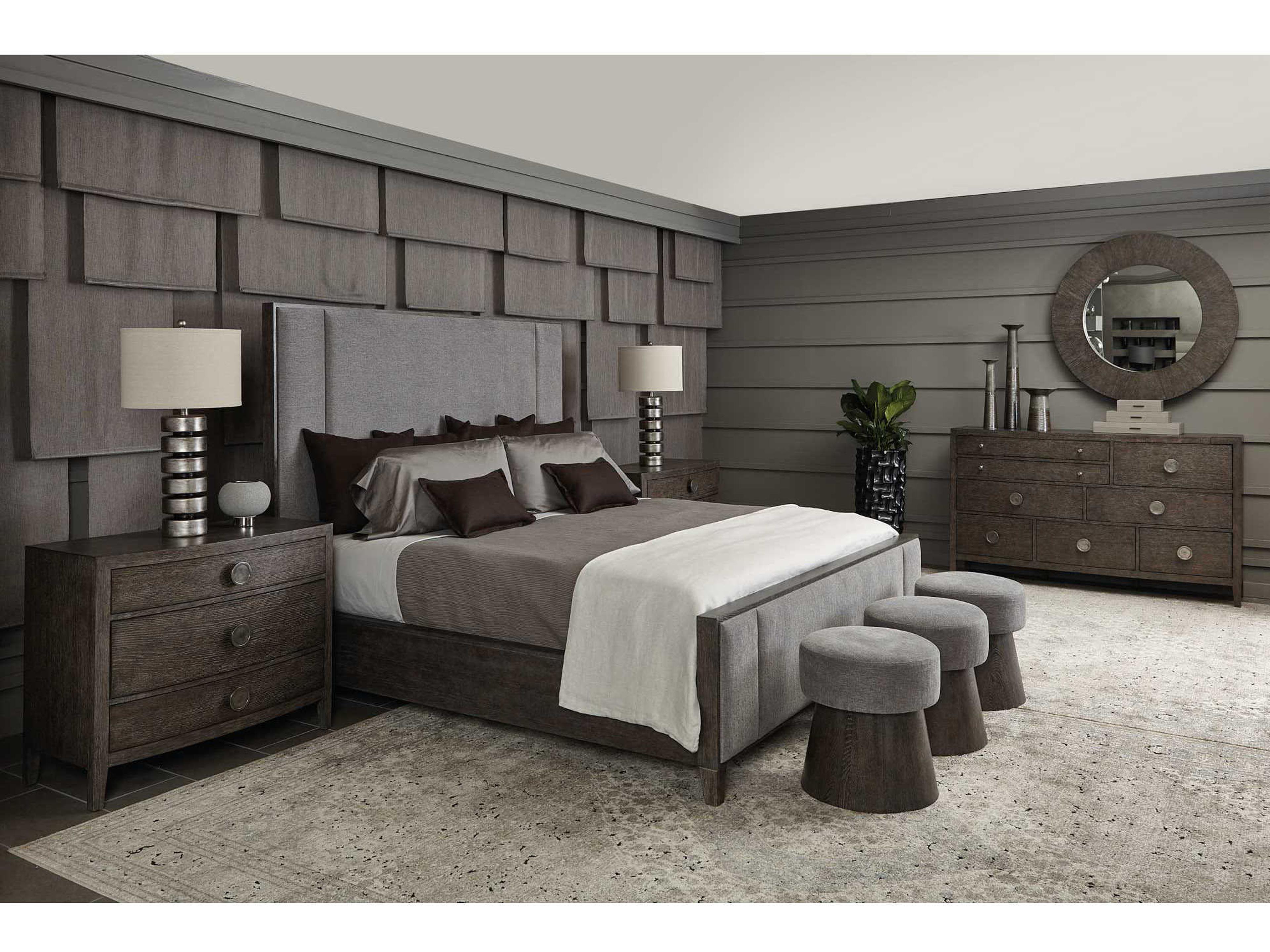 Bernhardt Linea Cerused Charcoal Gray Oak Wood Upholstered King Panel Bed
