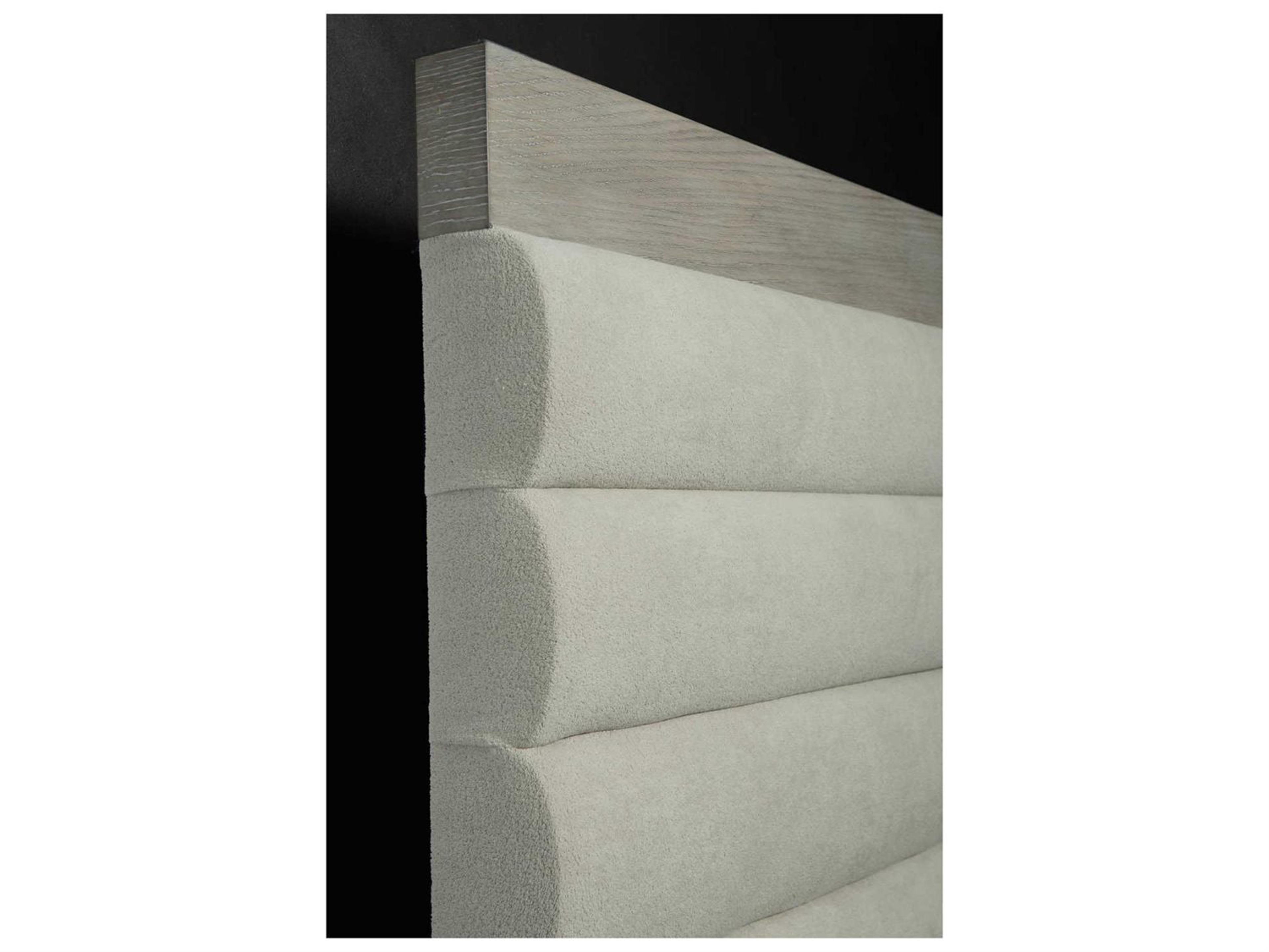 Bernhardt Linea Channel Cerused Greige Beige Oak Wood Upholstered Queen Platform Bed