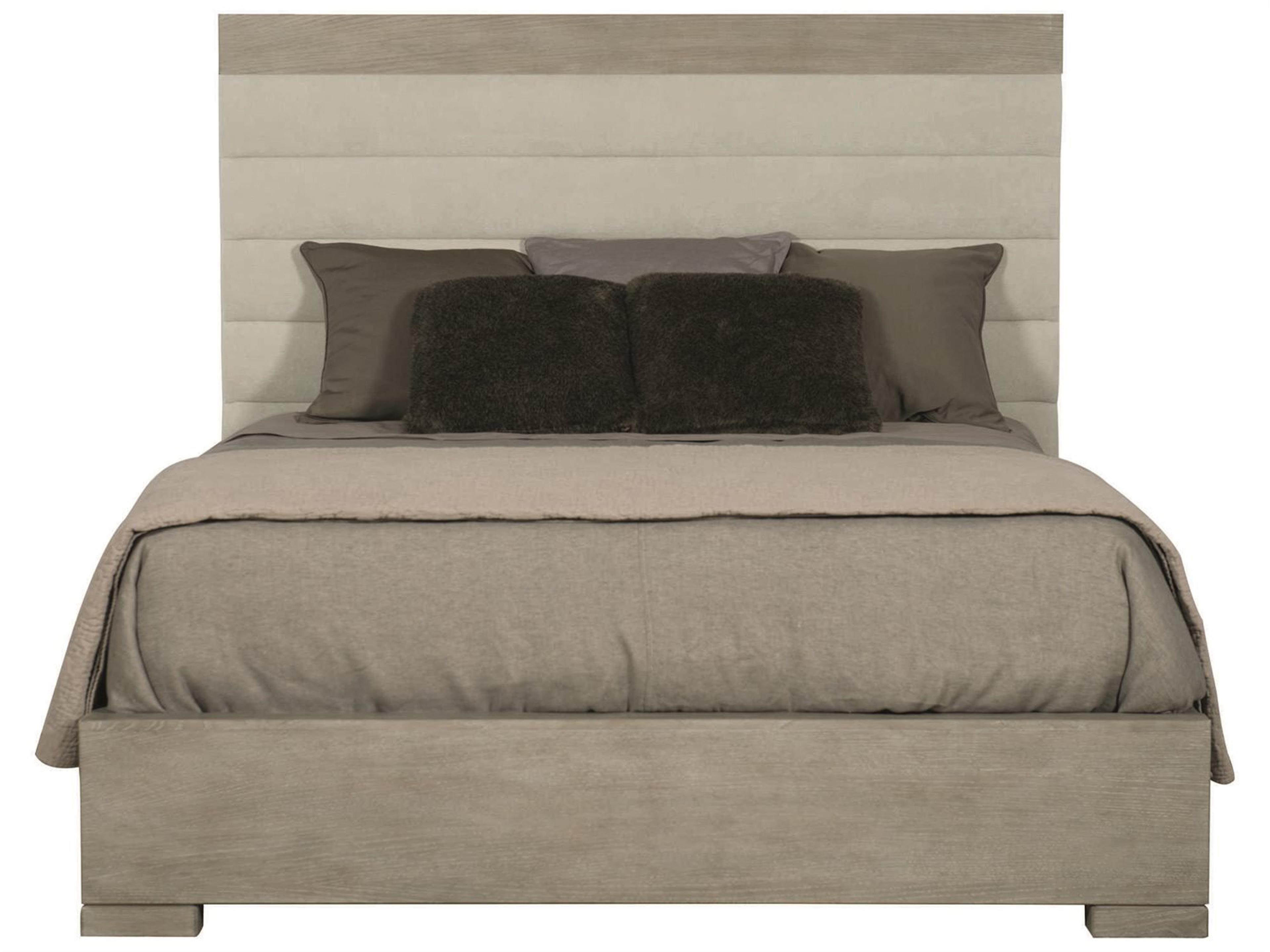 Bernhardt Linea Channel Cerused Greige Beige Oak Wood Upholstered King Platform Bed