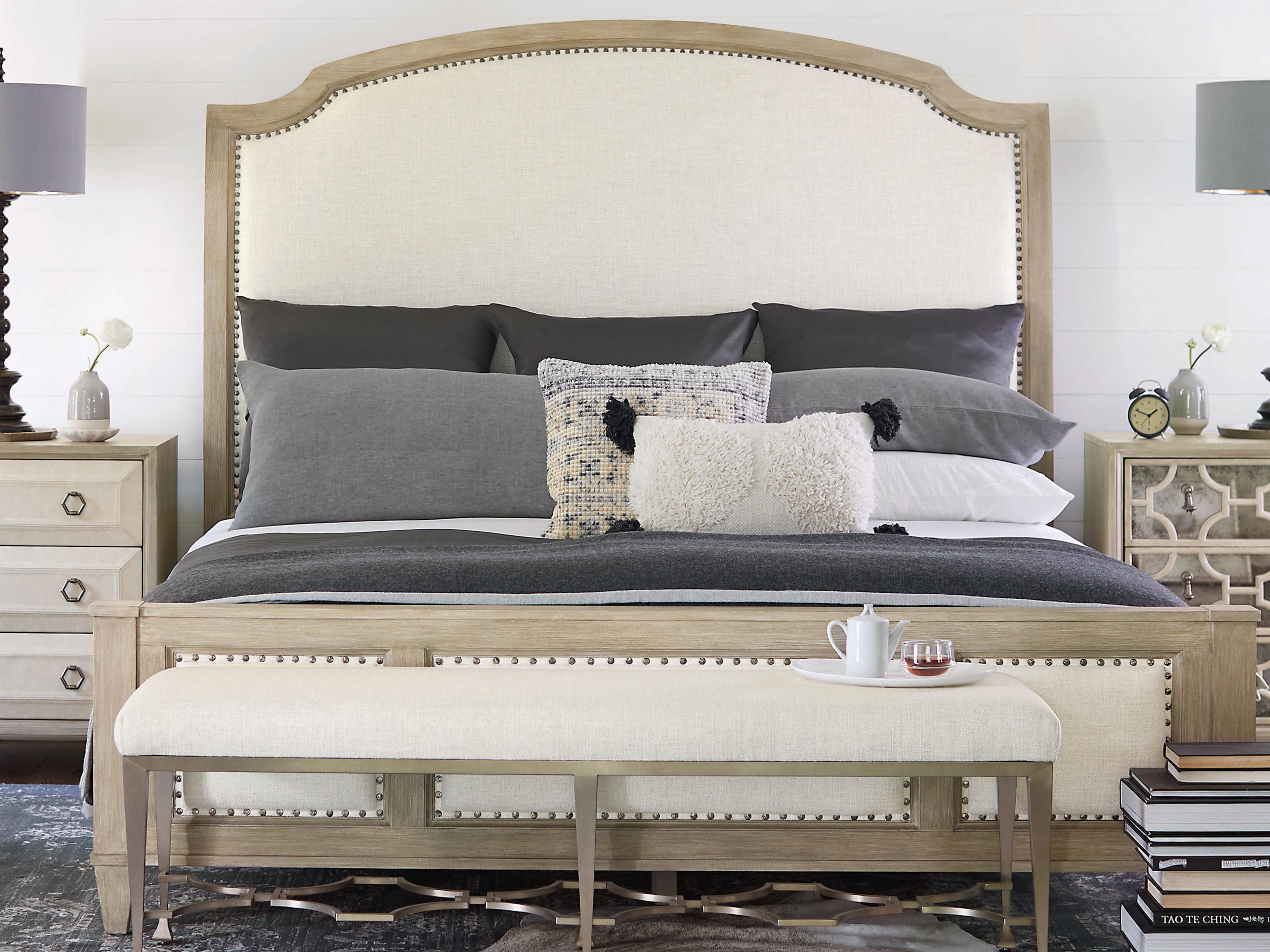 Bernhardt Santa Barbara Sandstone Beige Oak Wood Upholstered King Sleigh Bed