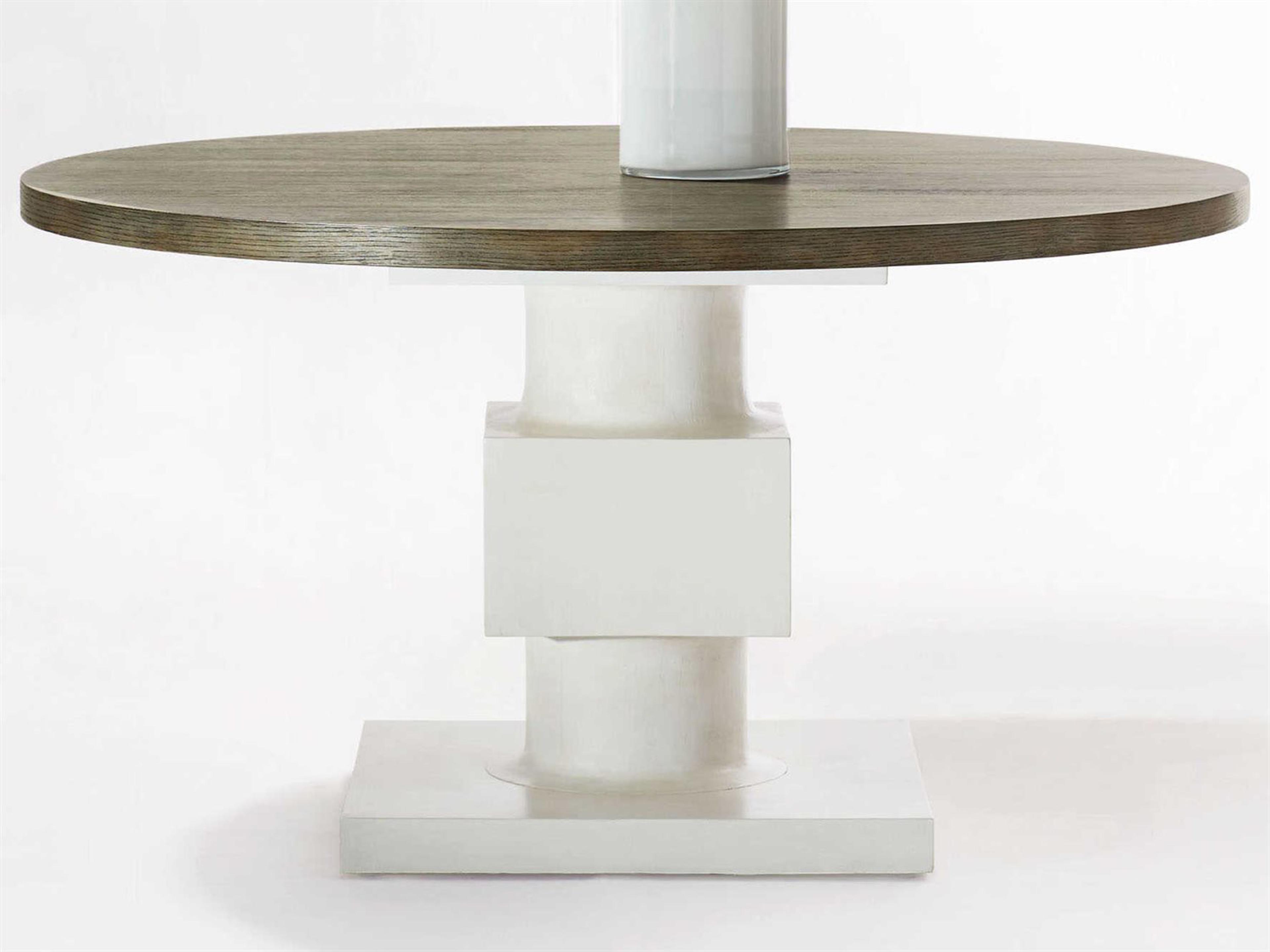 Bernhardt Interiors Newberry Round Wood Rustic Gray White Plaster Dining Table