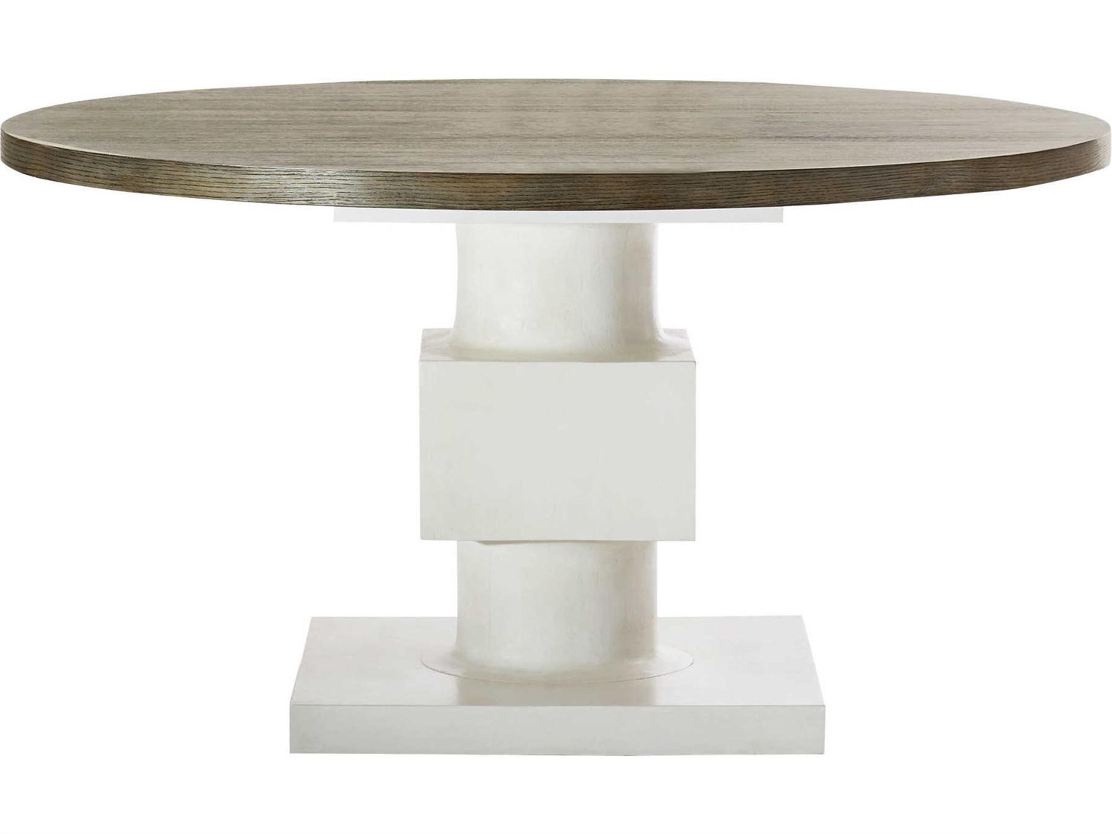 Bernhardt Interiors Newberry Round Wood Rustic Gray White Plaster Dining Table