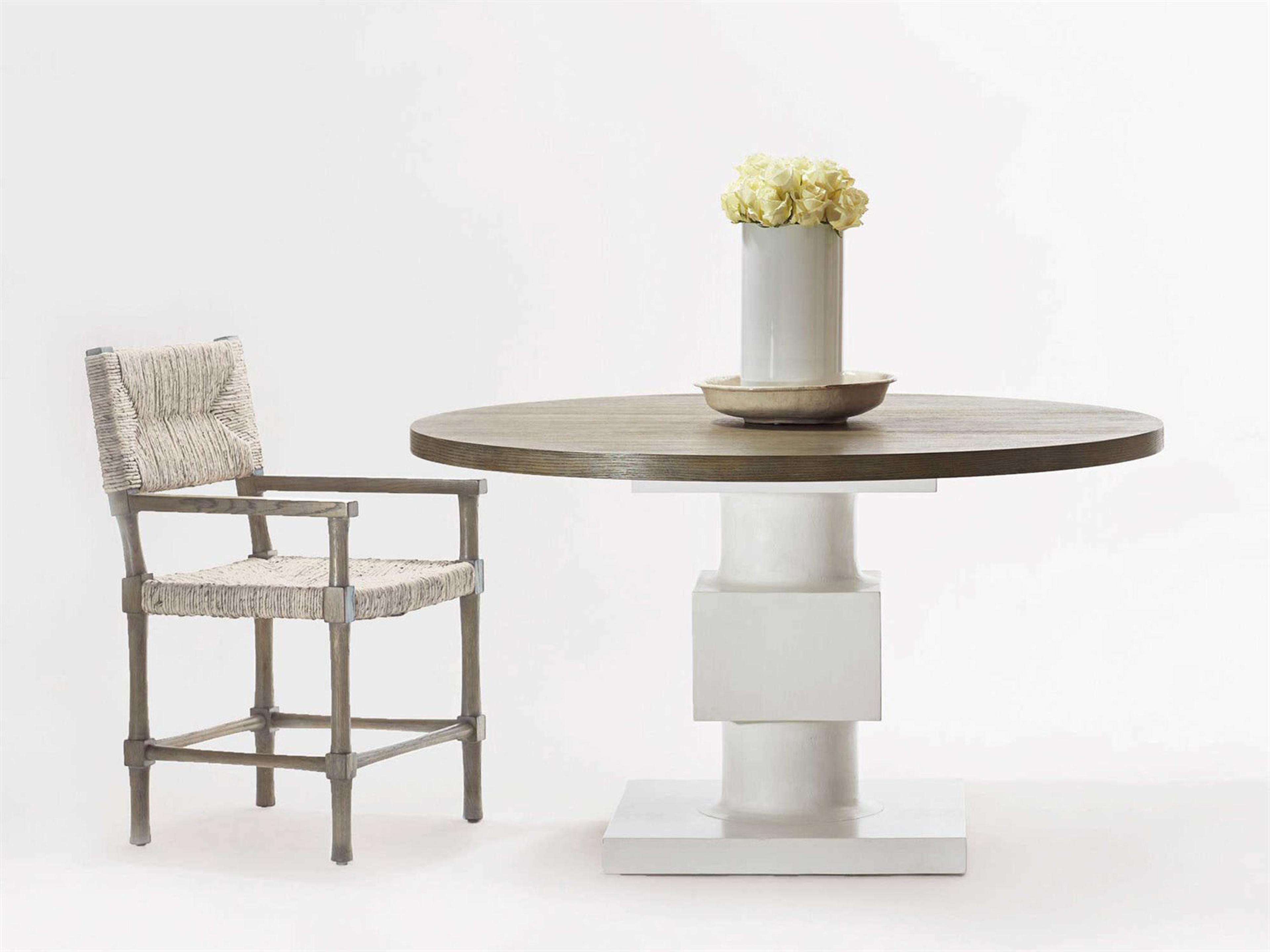 Bernhardt Interiors Newberry Round Wood Rustic Gray White Plaster Dining Table