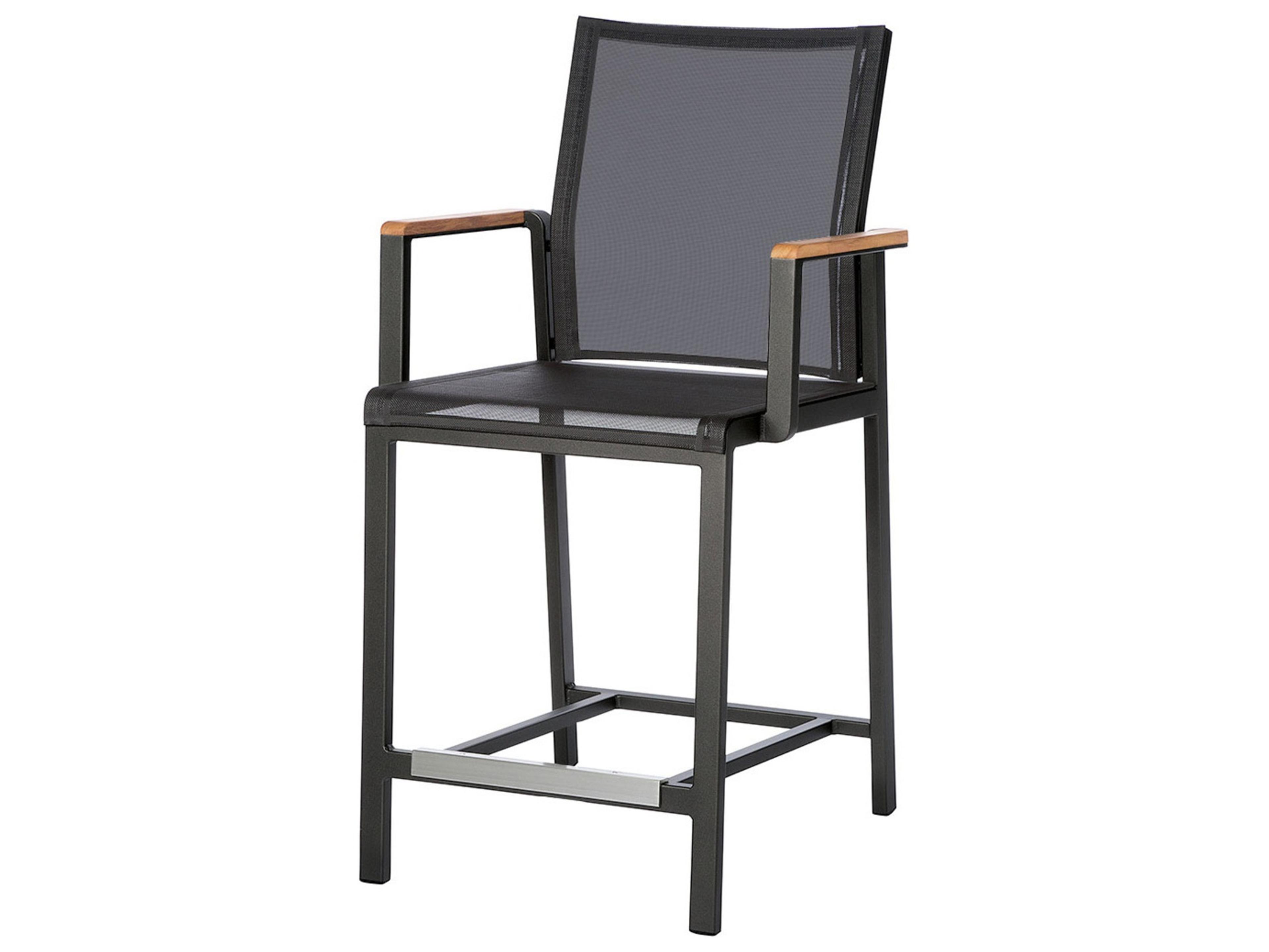 Aura Counter Height Armchair - Graphite Aluminum Frame - Natural Teak Arms - Charcoal Textilene Sling