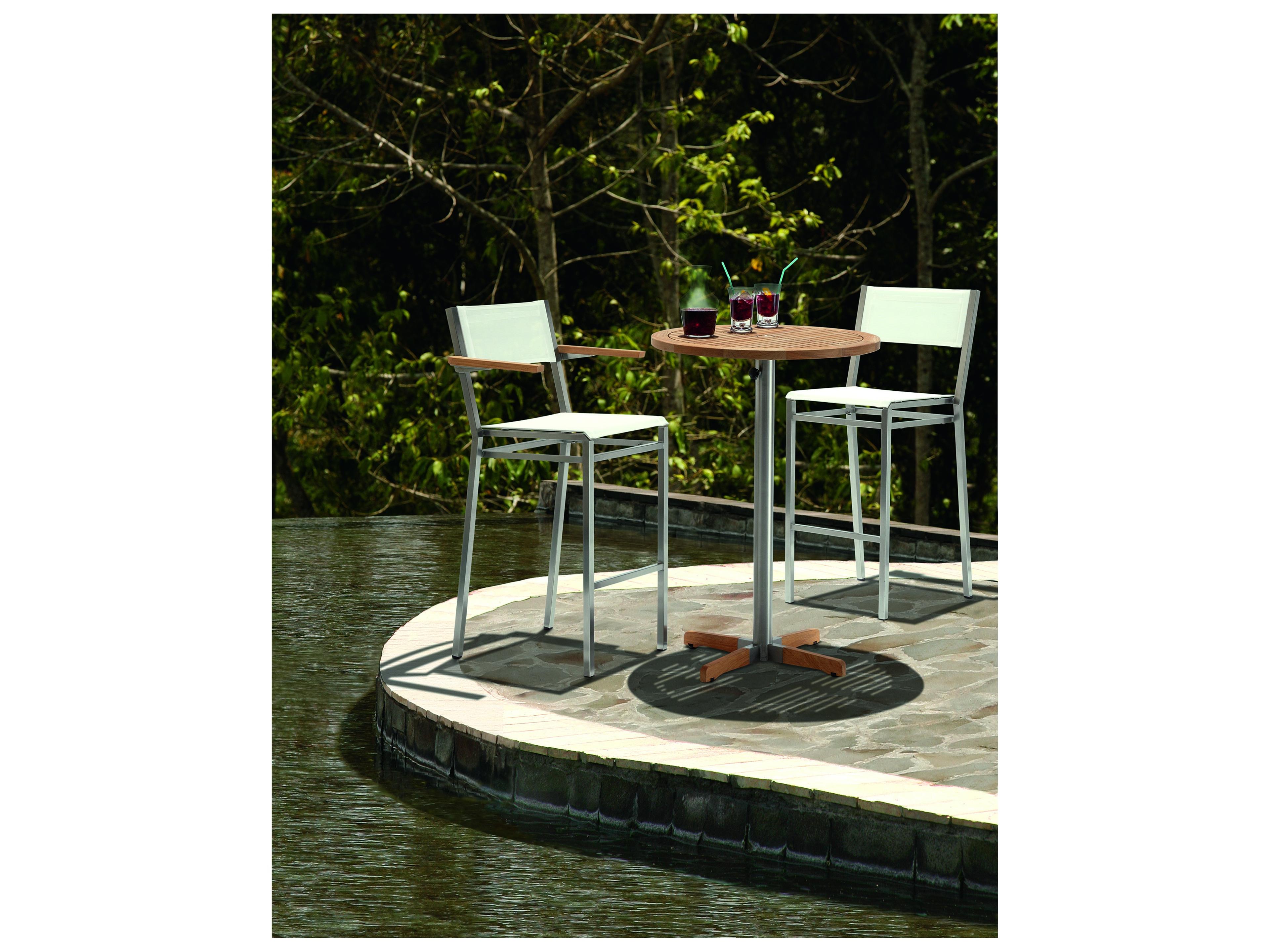 Barlow Tyrie Equinox Bar Stool - Natural Teak Arms - Pearl Textilene Sling