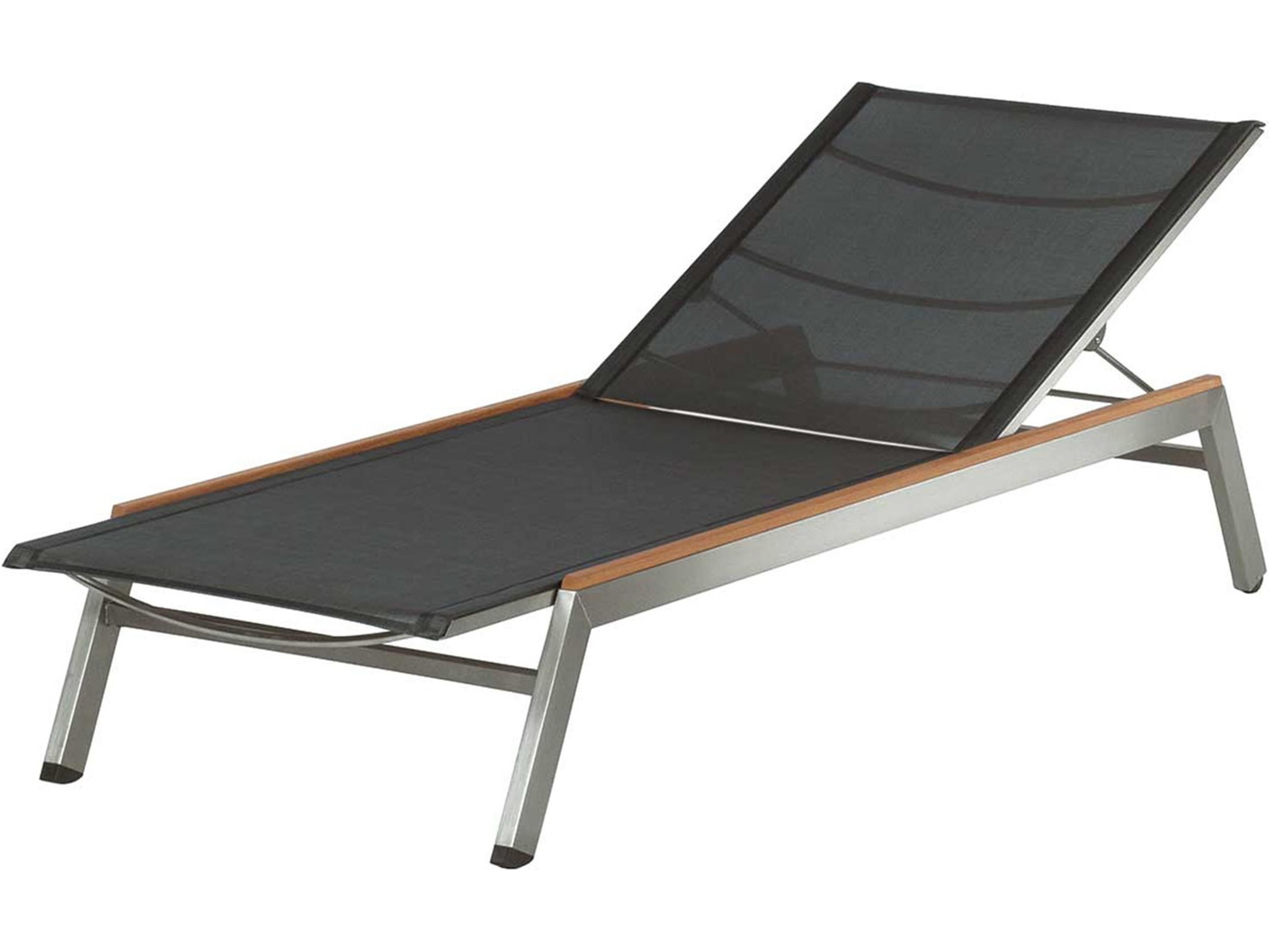 Equinox Lounger - Charcoal Textilene Sling - Silver Frame - Natural Teak Arms