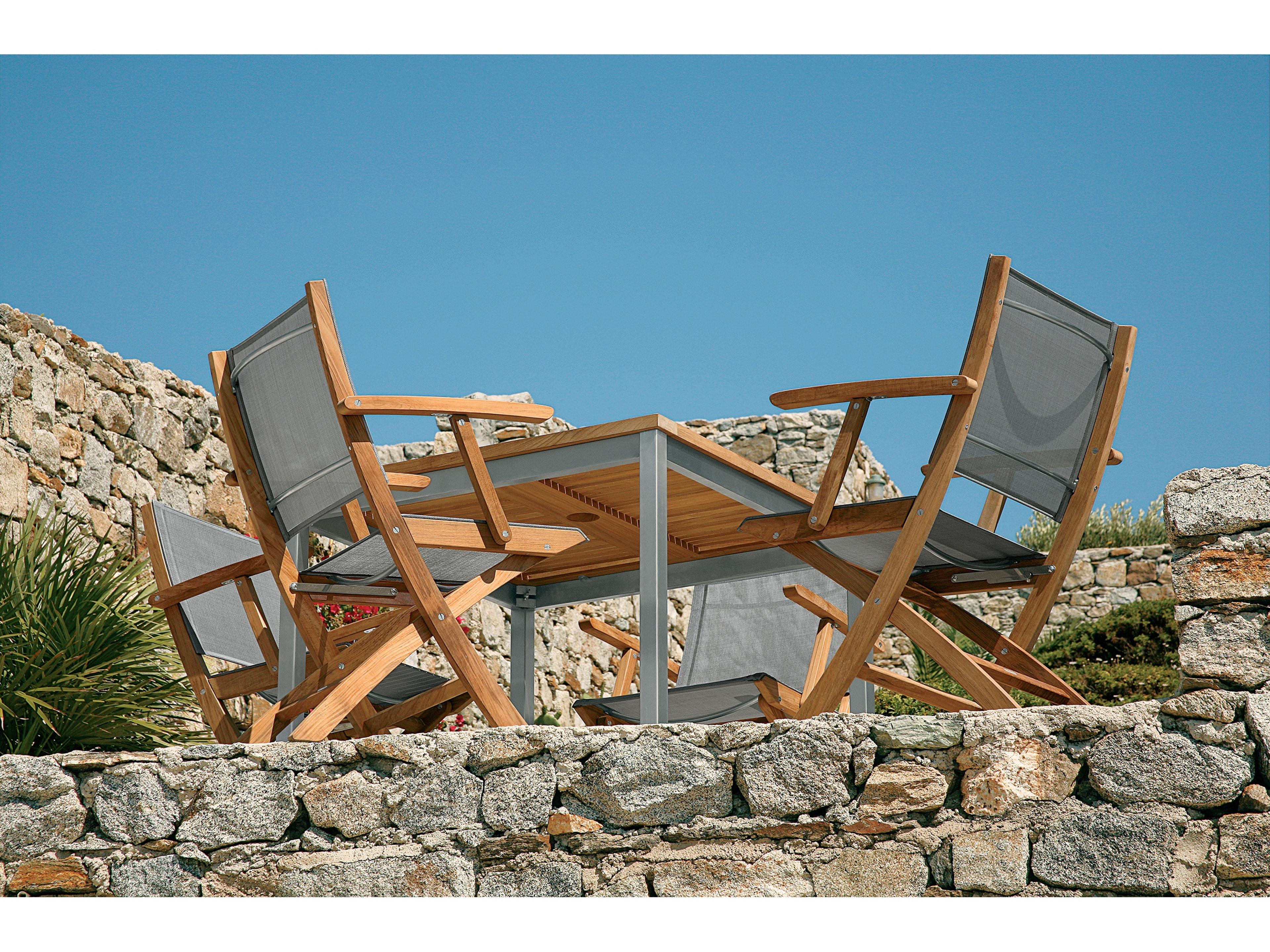 Barlow Tyrie Horizon Folding Dining Arm Chair - Natural Teak Frame - Platinum Textilene Sling