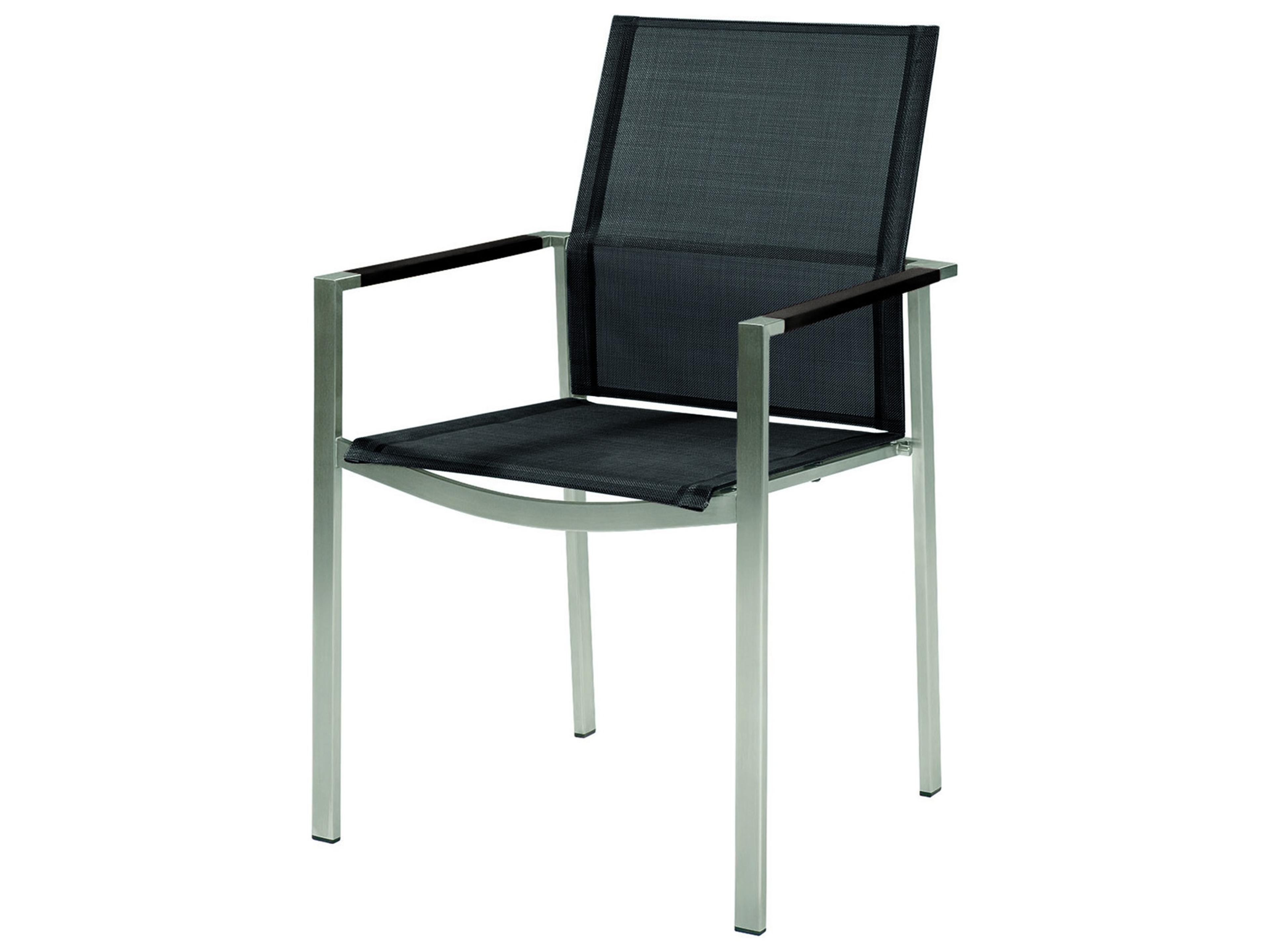 Mercury Dining Arm Chair - Silver Stainless Steel Frame - Charcoal Textilene Sling - Graphite Powder Coated Aluminum Arms