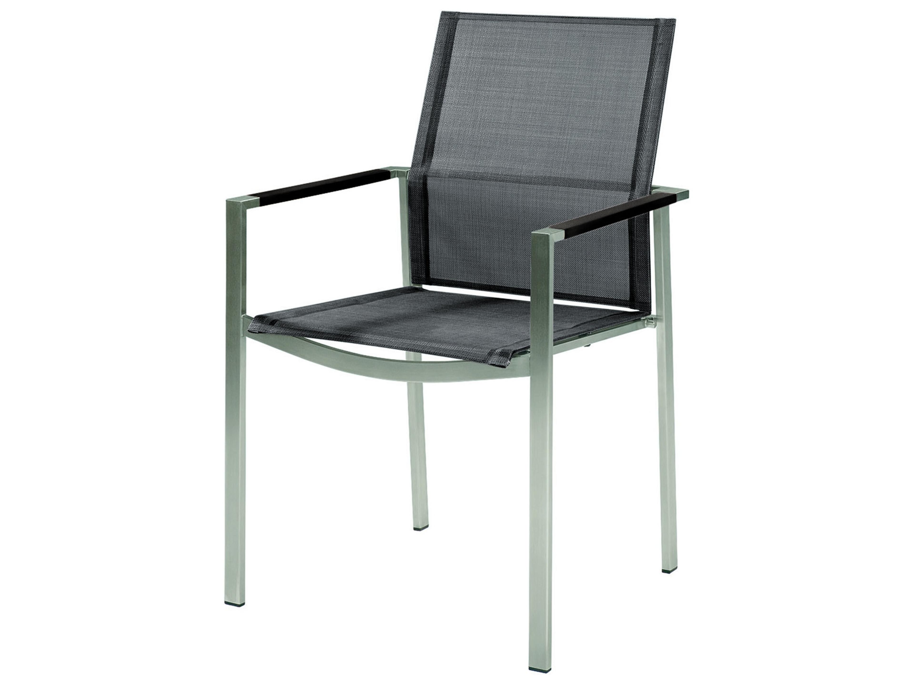 Mercury Dining Arm Chair - Silver Stainless Steel Frame - Platinum Textilene Sling - Graphite Powder Coated Aluminum Arms