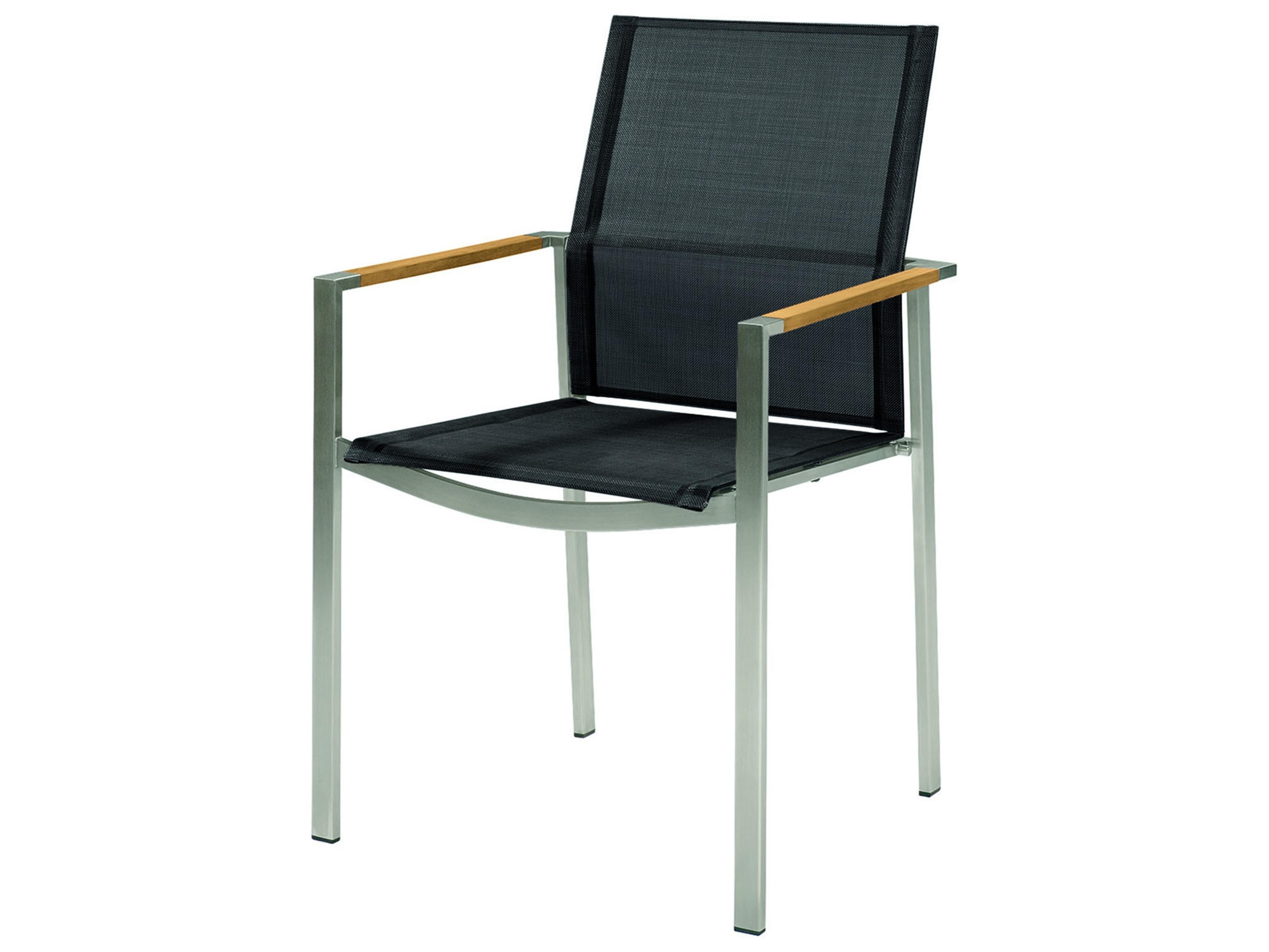 Mercury Dining Arm Chair - Silver Stainless Steel Frame - Charcoal Textilene Sling - Natural Teak Arms