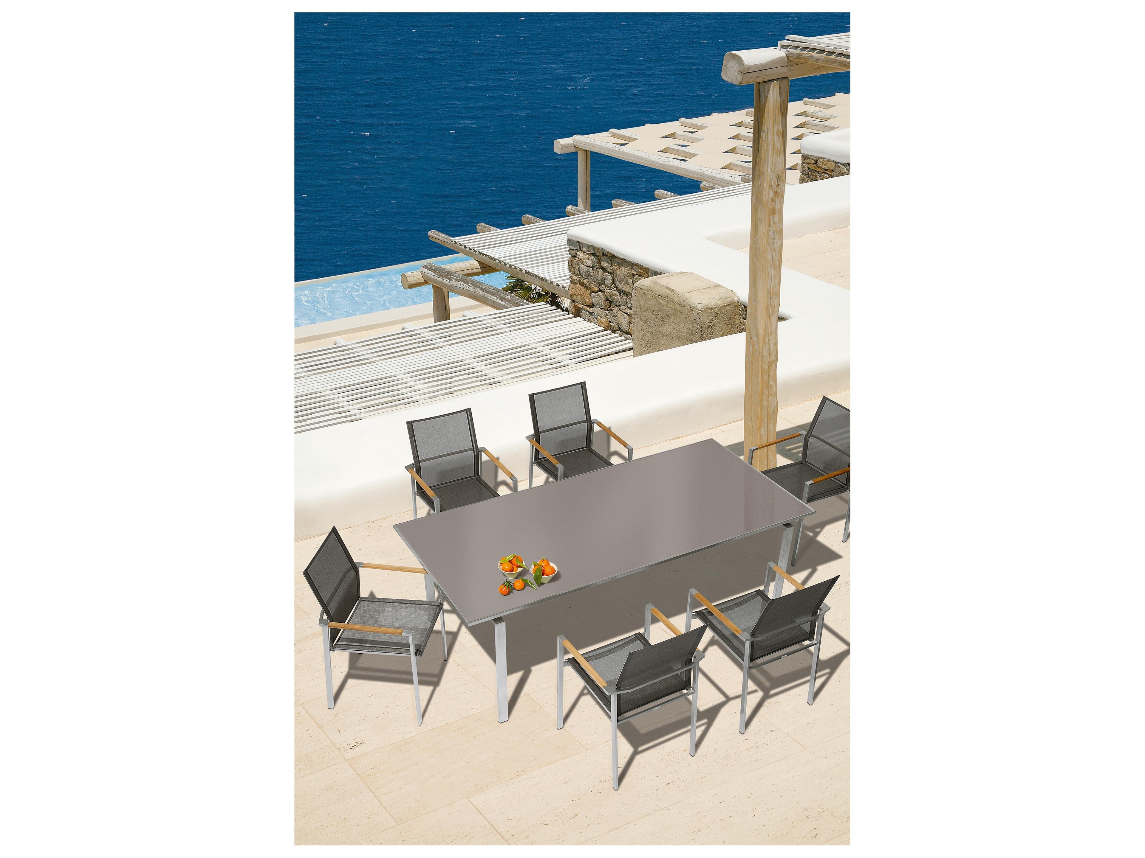 Barlow Tyrie Mercury Dining Arm Chair - Silver Stainless Steel Frame - Charcoal Textilene Sling - Natural Teak Arms