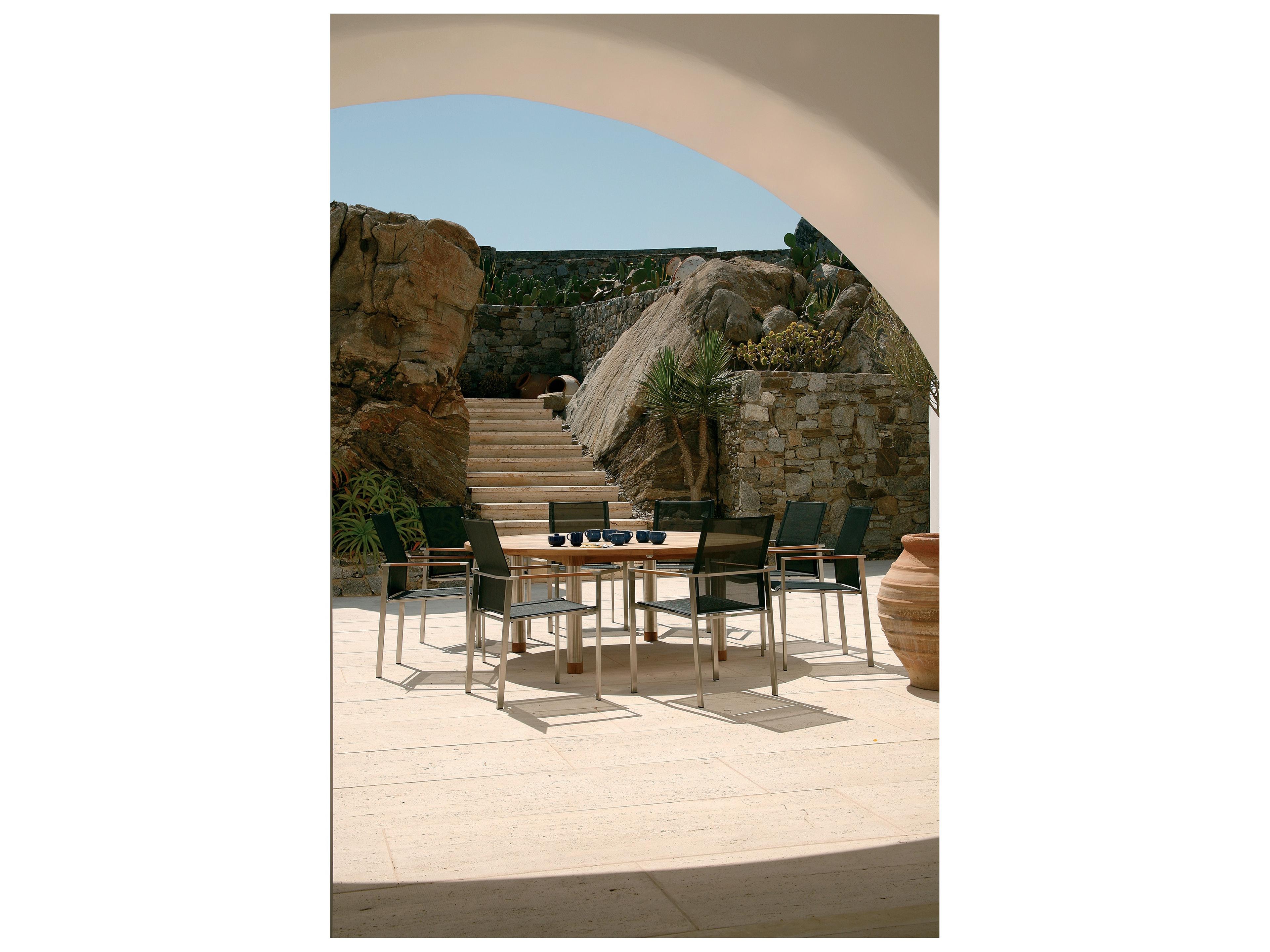 Barlow Tyrie Mercury Dining Arm Chair - Silver Stainless Steel Frame - Charcoal Textilene Sling - Natural Teak Arms