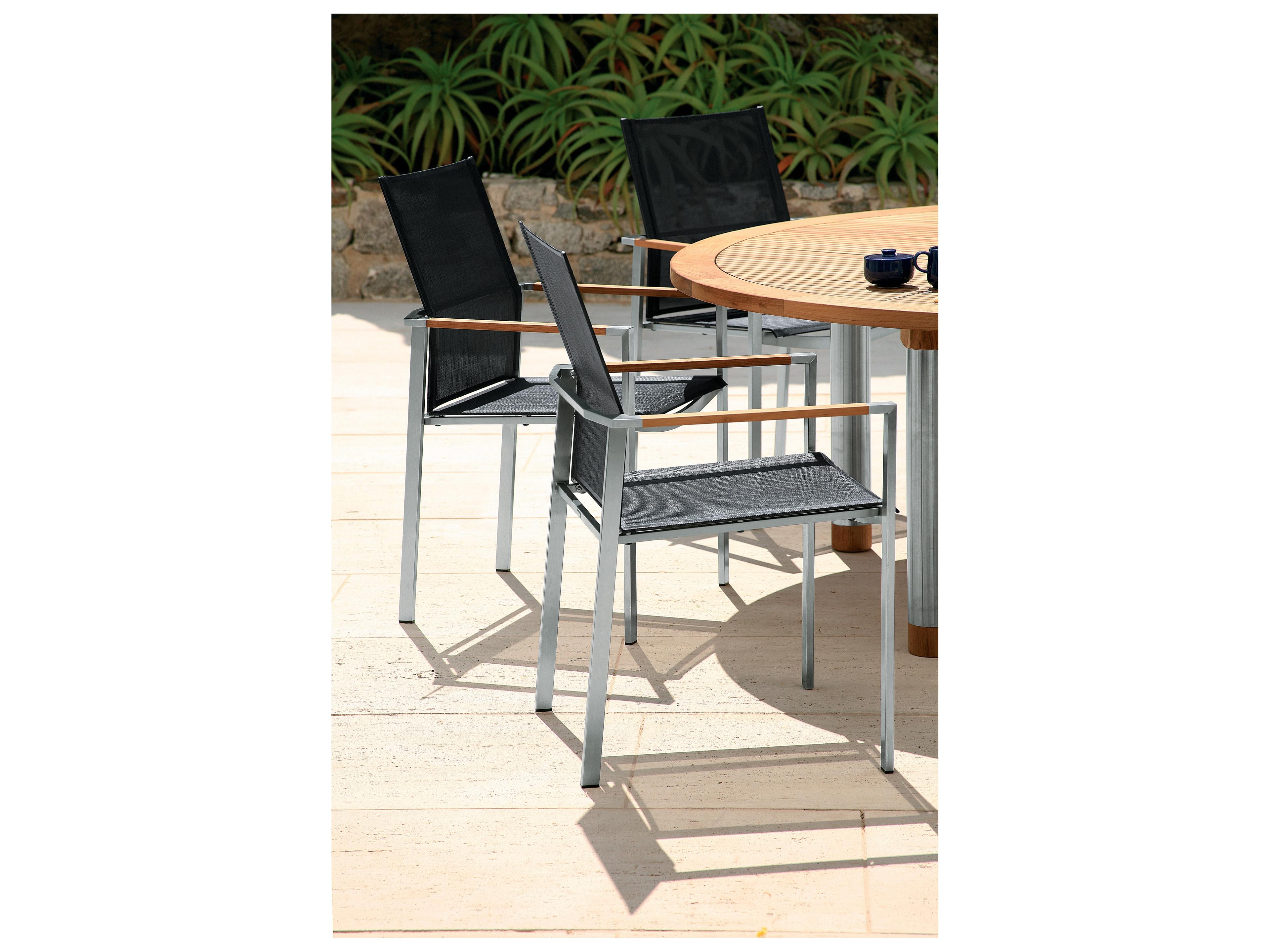 Barlow Tyrie Mercury Dining Arm Chair - Silver Stainless Steel Frame - Charcoal Textilene Sling - Natural Teak Arms