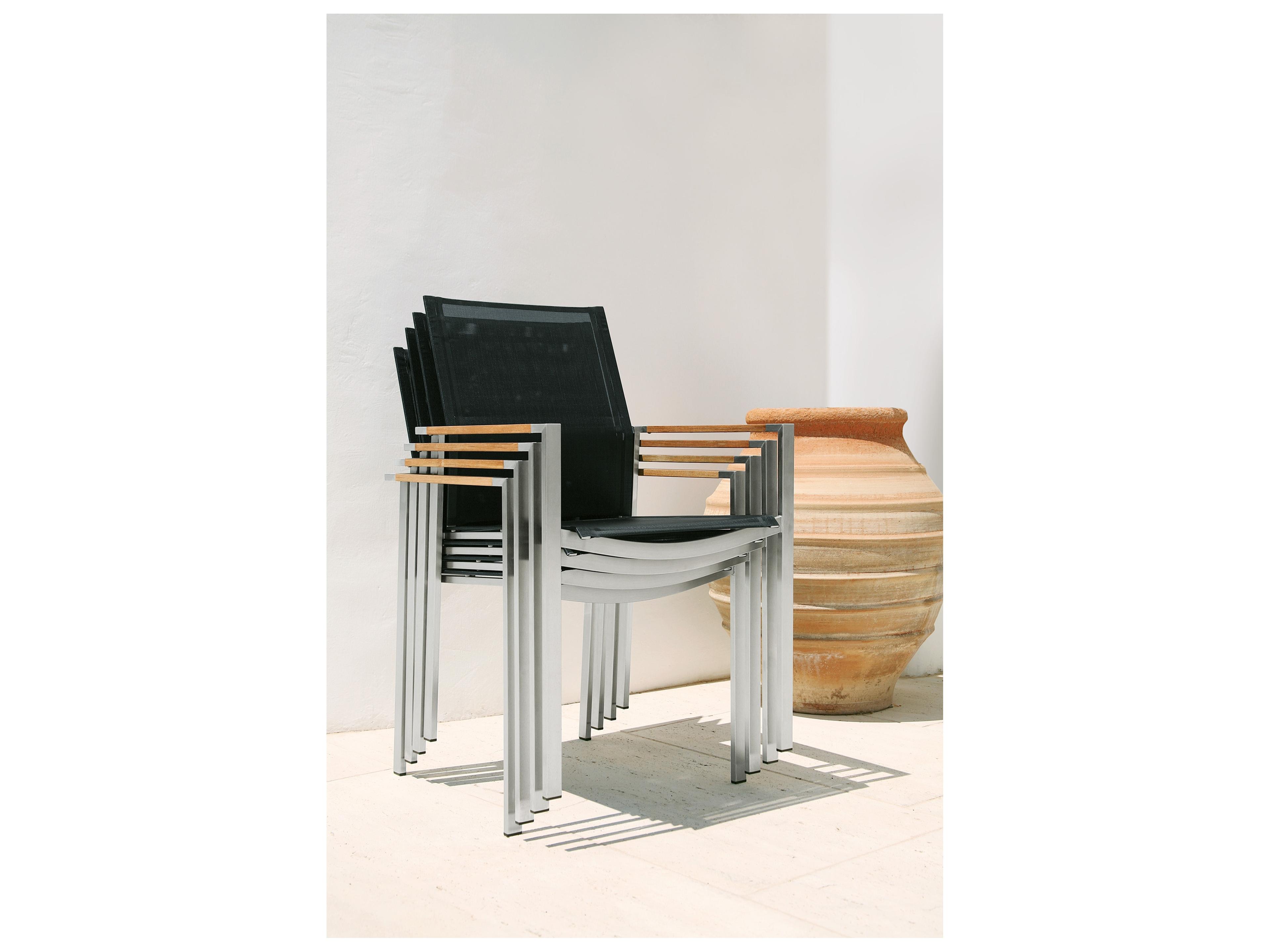 Barlow Tyrie Mercury Dining Arm Chair - Silver Stainless Steel Frame - Charcoal Textilene Sling - Natural Teak Arms