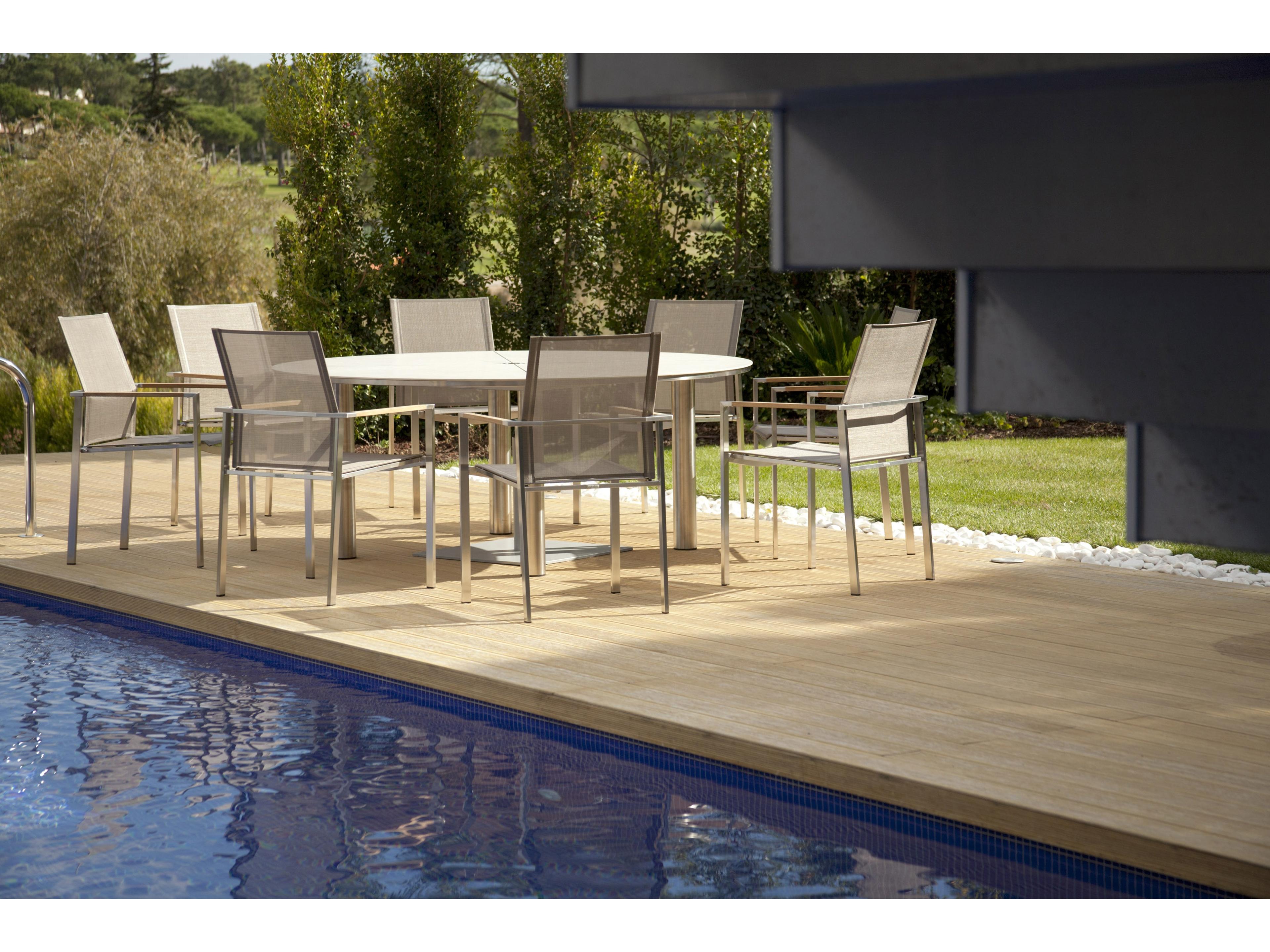 Barlow Tyrie Mercury Dining Arm Chair - Silver Stainless Steel Frame - Titanium Textilene Sling - Natural Teak Arms