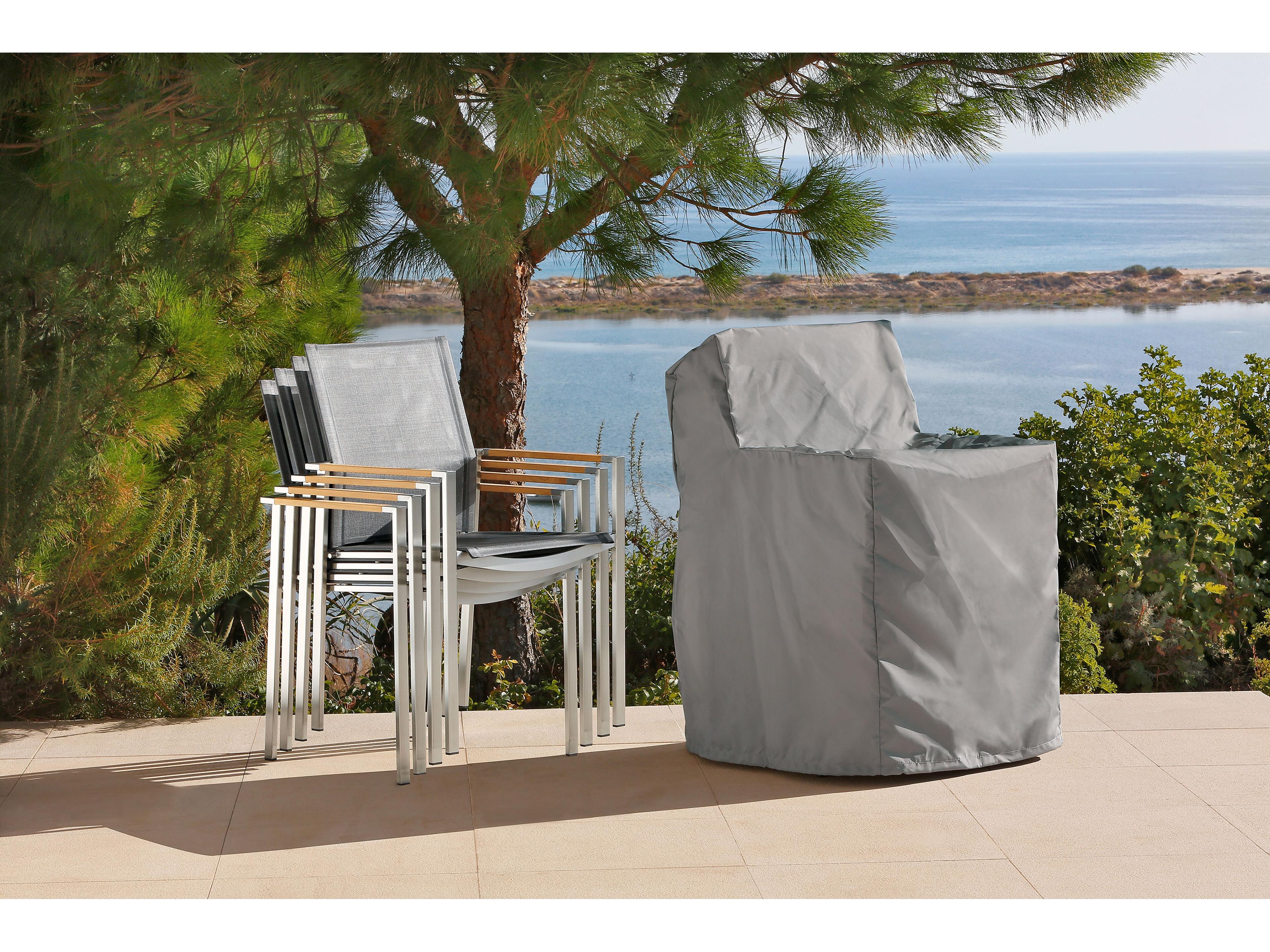 Barlow Tyrie Mercury Dining Arm Chair - Silver Stainless Steel Frame - Platinum Textilene Sling - Natural Teak Arms