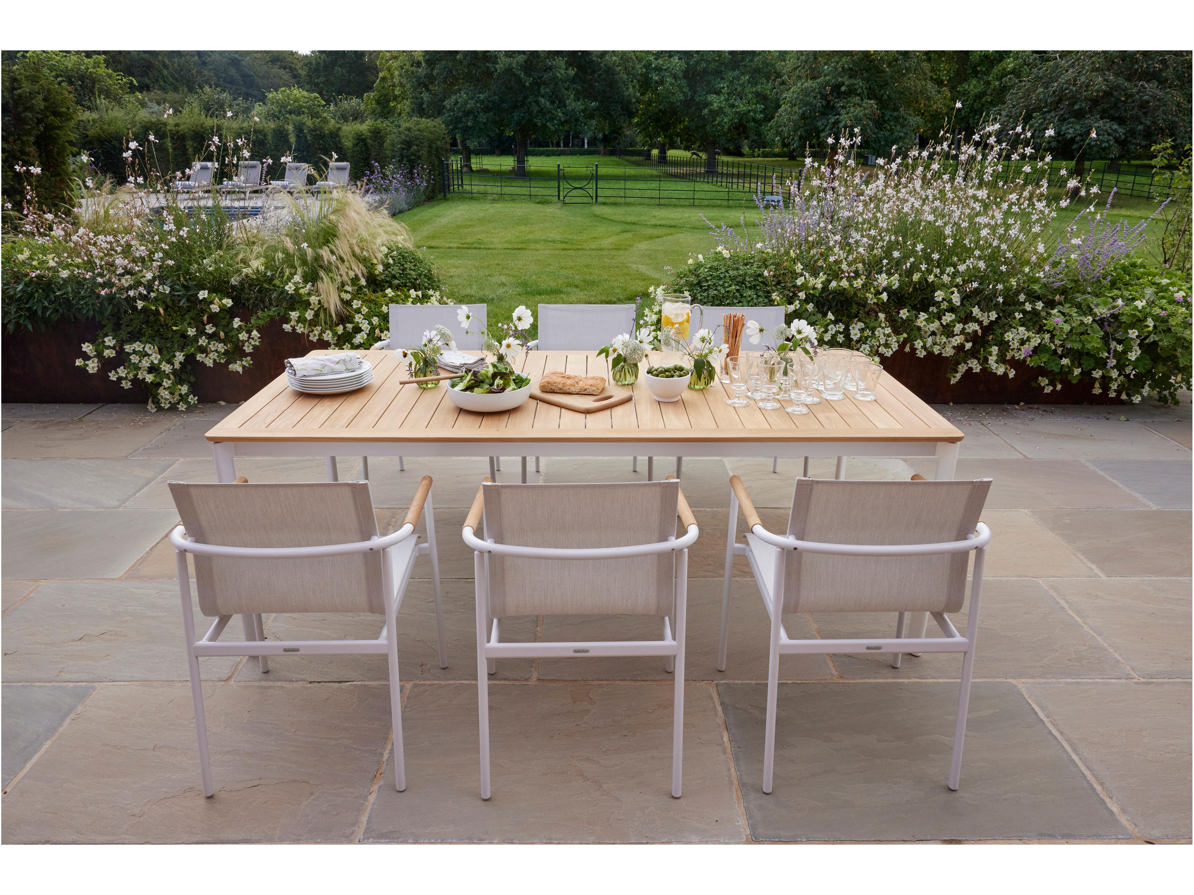 Barlow Tyrie Around Dining Table Arctic White Powder-Coated Aluminum Natural Teak 85" Wide