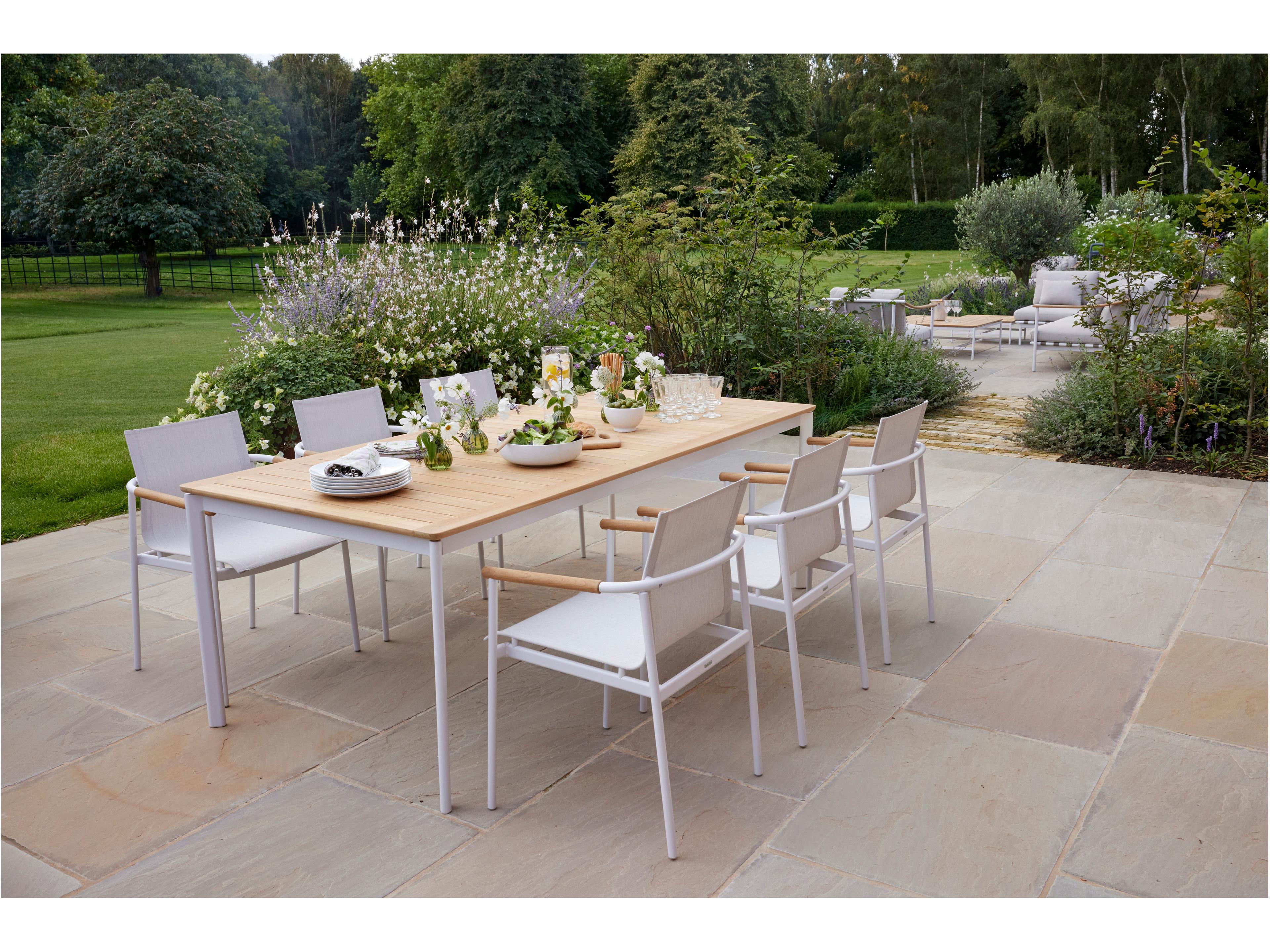 Barlow Tyrie Around Dining Table Arctic White Powder-Coated Aluminum Natural Teak 85" Wide