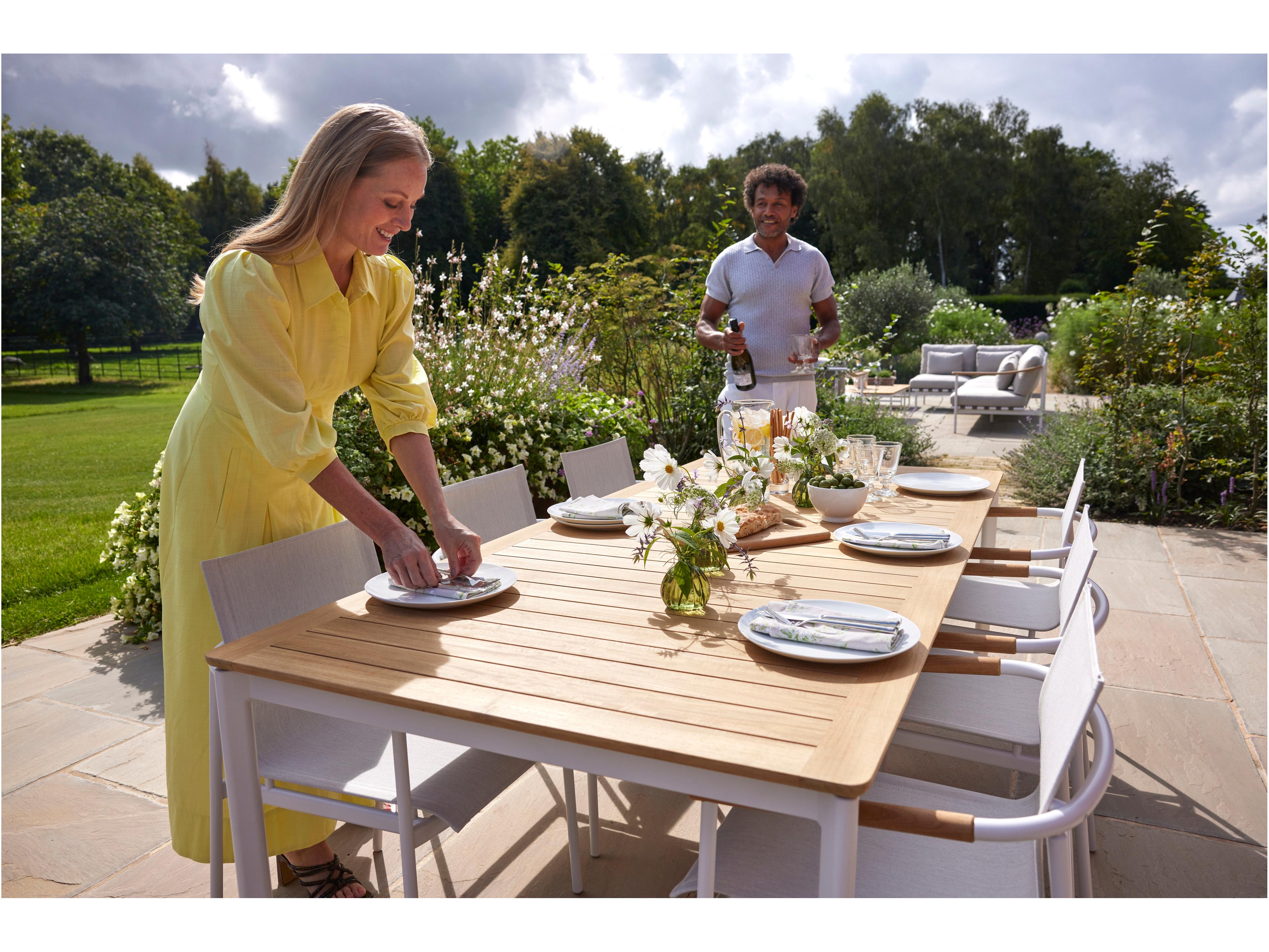 Barlow Tyrie Around Dining Table Arctic White Powder-Coated Aluminum Natural Teak 85" Wide