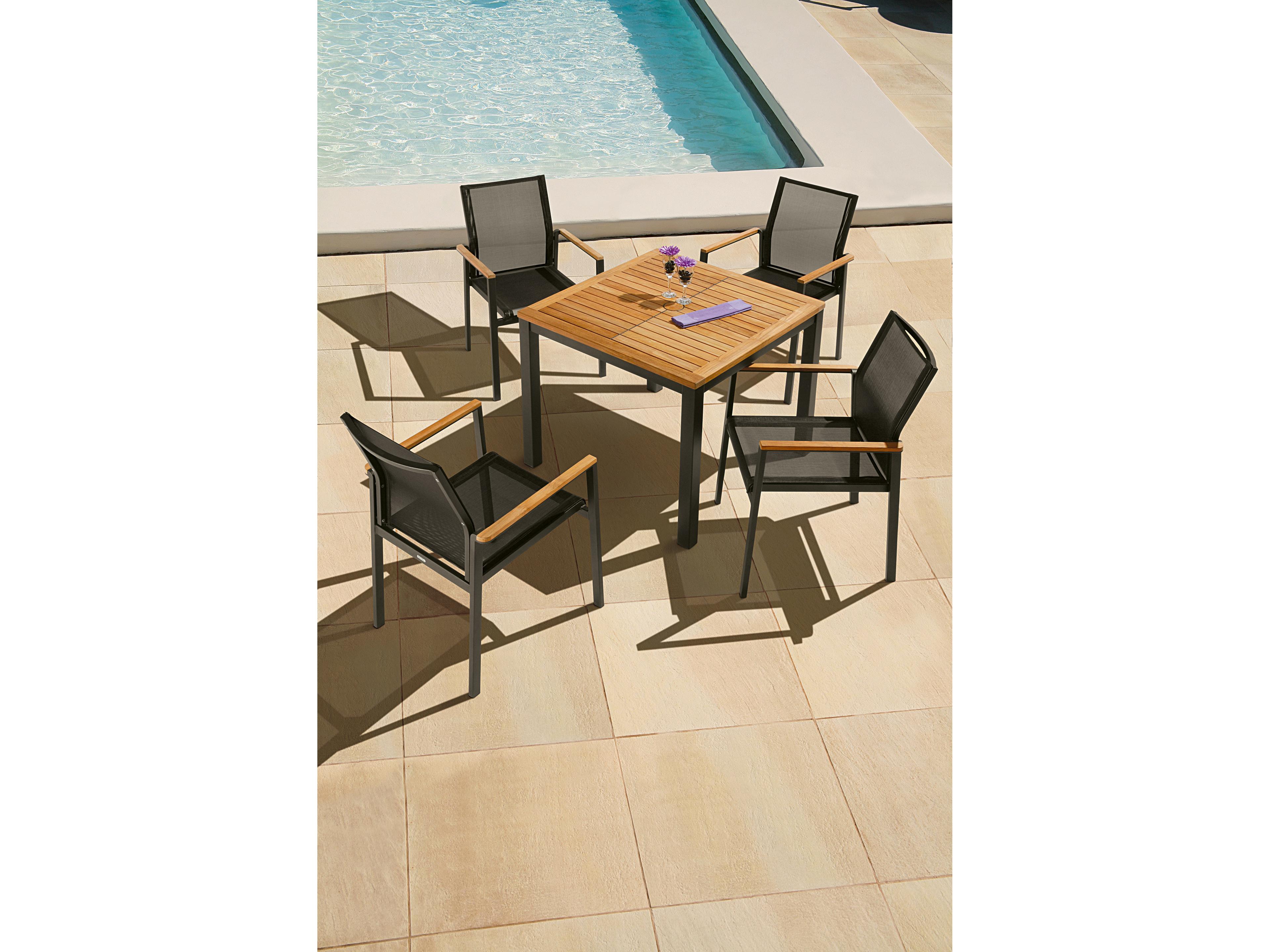 Barlow Tyrie Aura Square Dining Table Graphite Powder-Coated Aluminum Natural Teak