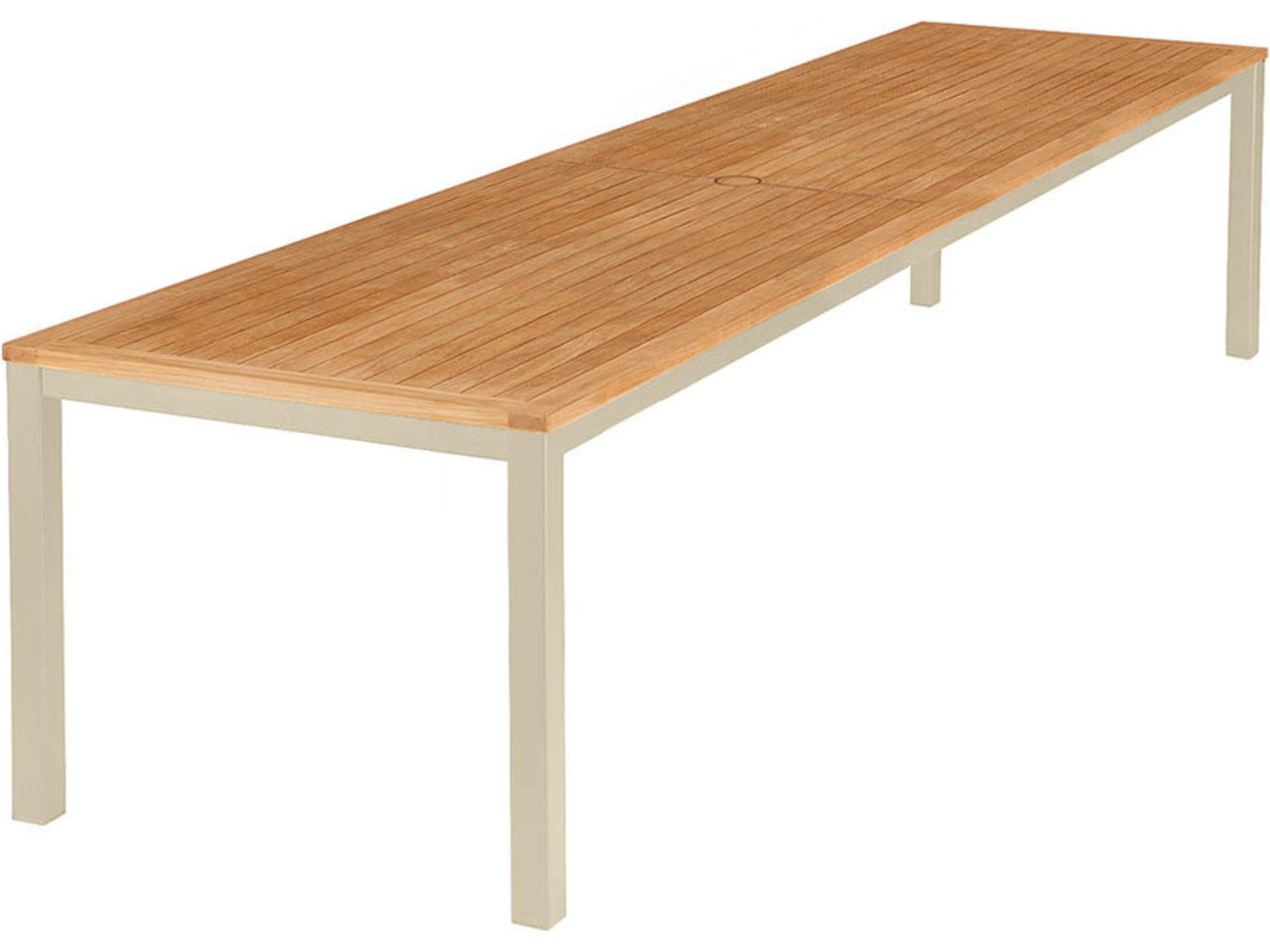 Aura Dining Table Champagne Powder-Coated Aluminum Natural Teak 118"W x 40"D x 30"H