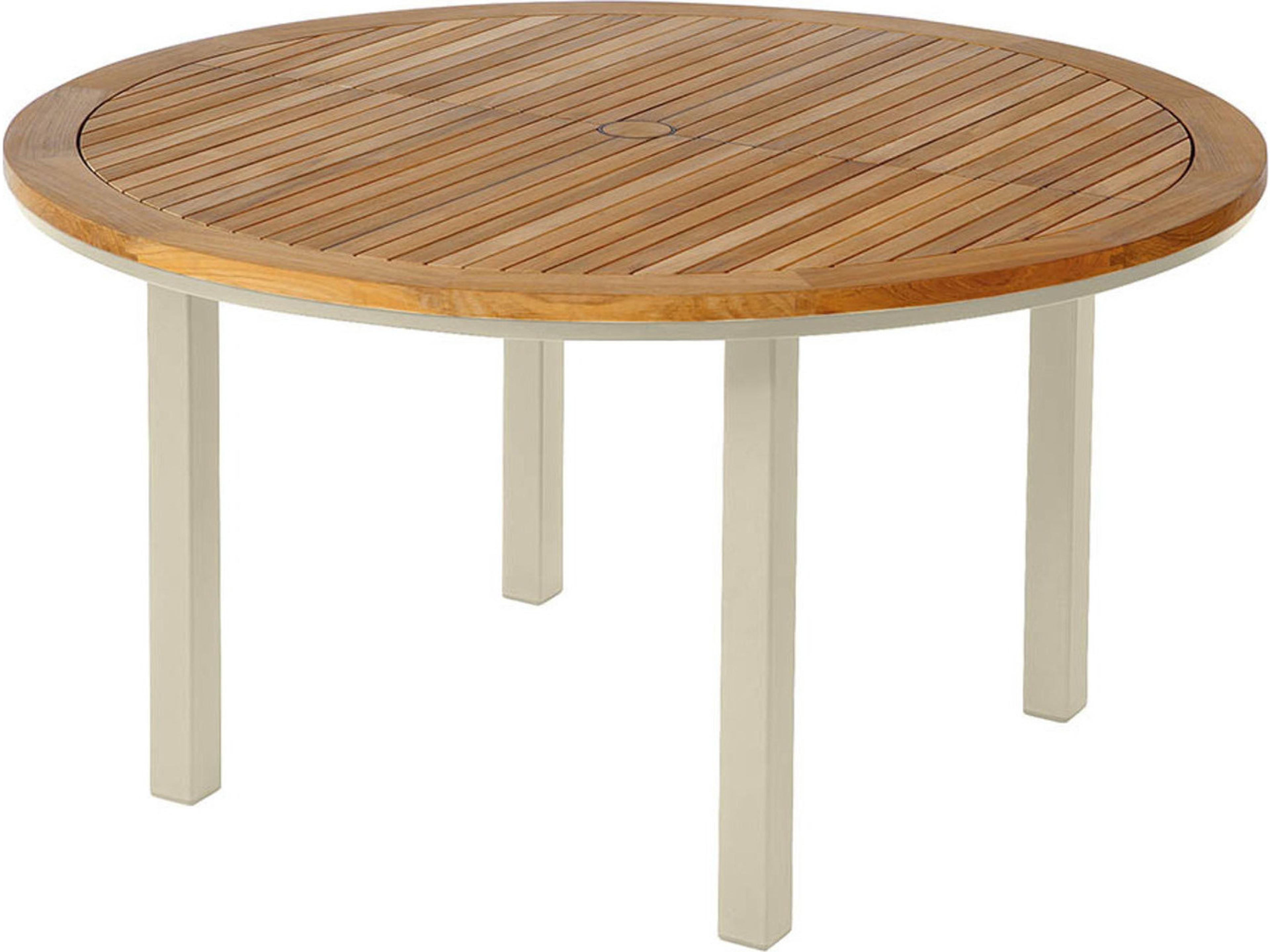 Aura Round Dining Table Champagne Powder-Coated Aluminum Natural Teak