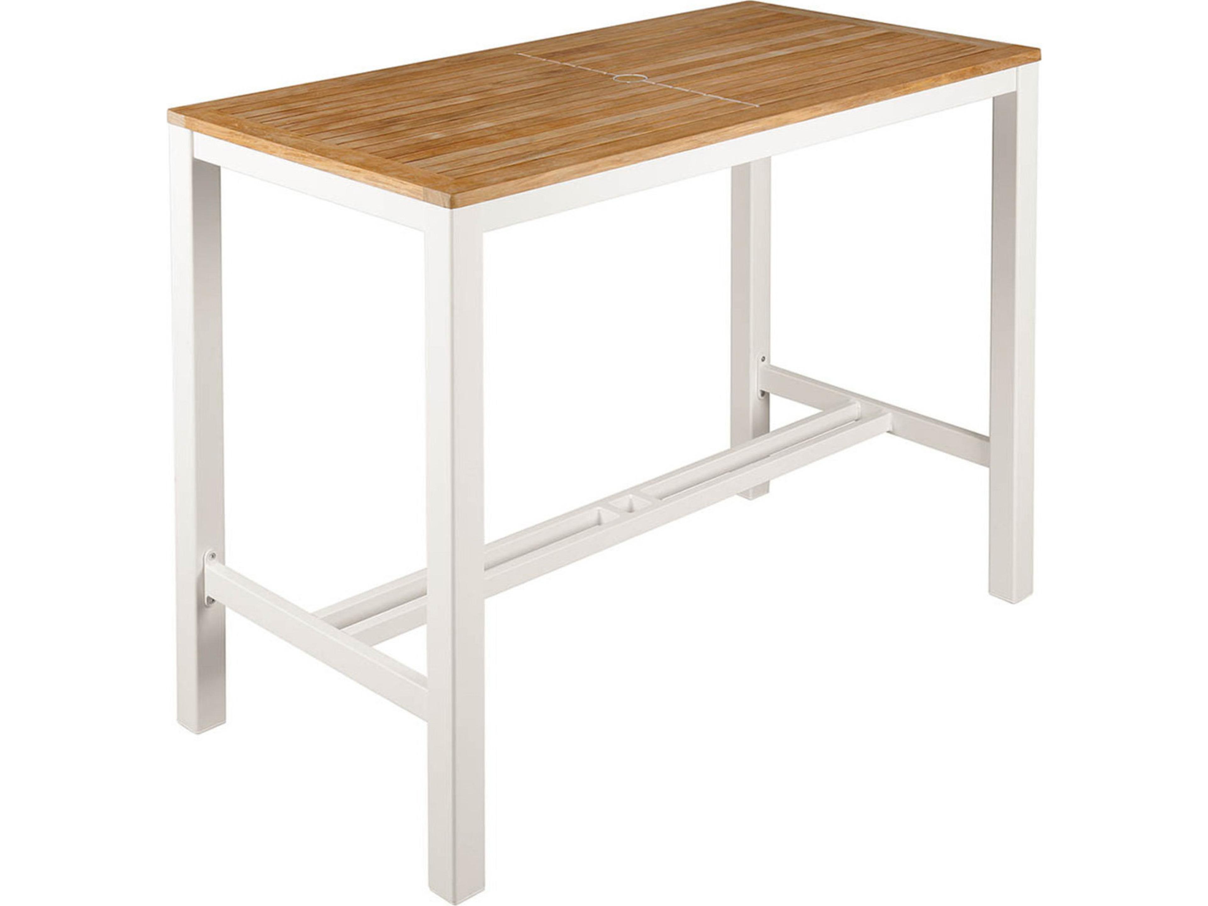 Aura Bar Table Arctic White Powder-Coated Aluminum Natural Teak 55"W x 28"D x 41"H