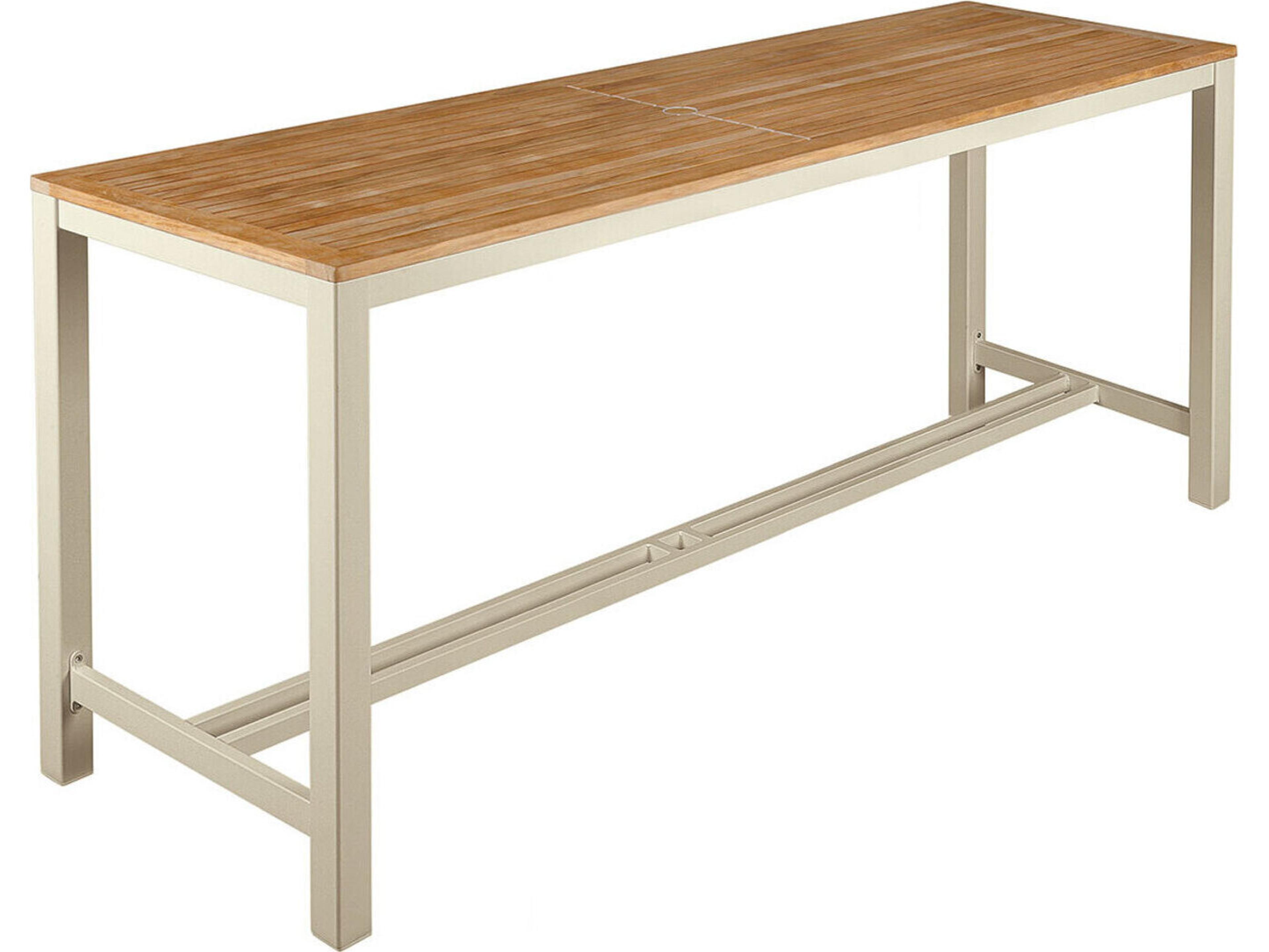 Aura Counter Table Champagne Powder-Coated Aluminum Natural Teak 79"W x 28"D x 36"H