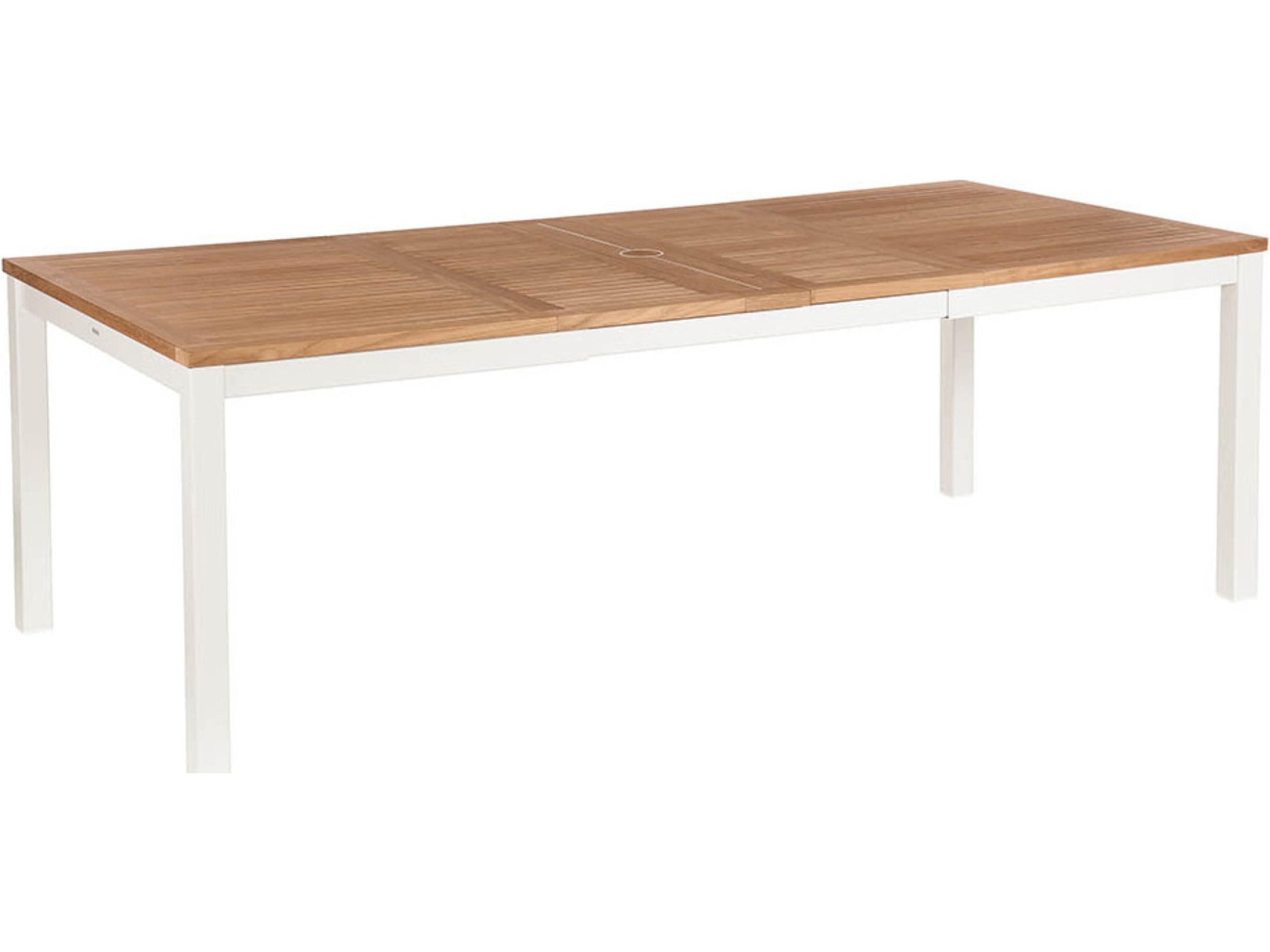 Aura Extending Dining Table Arctic White Powder-Coated Aluminum Natural Teak