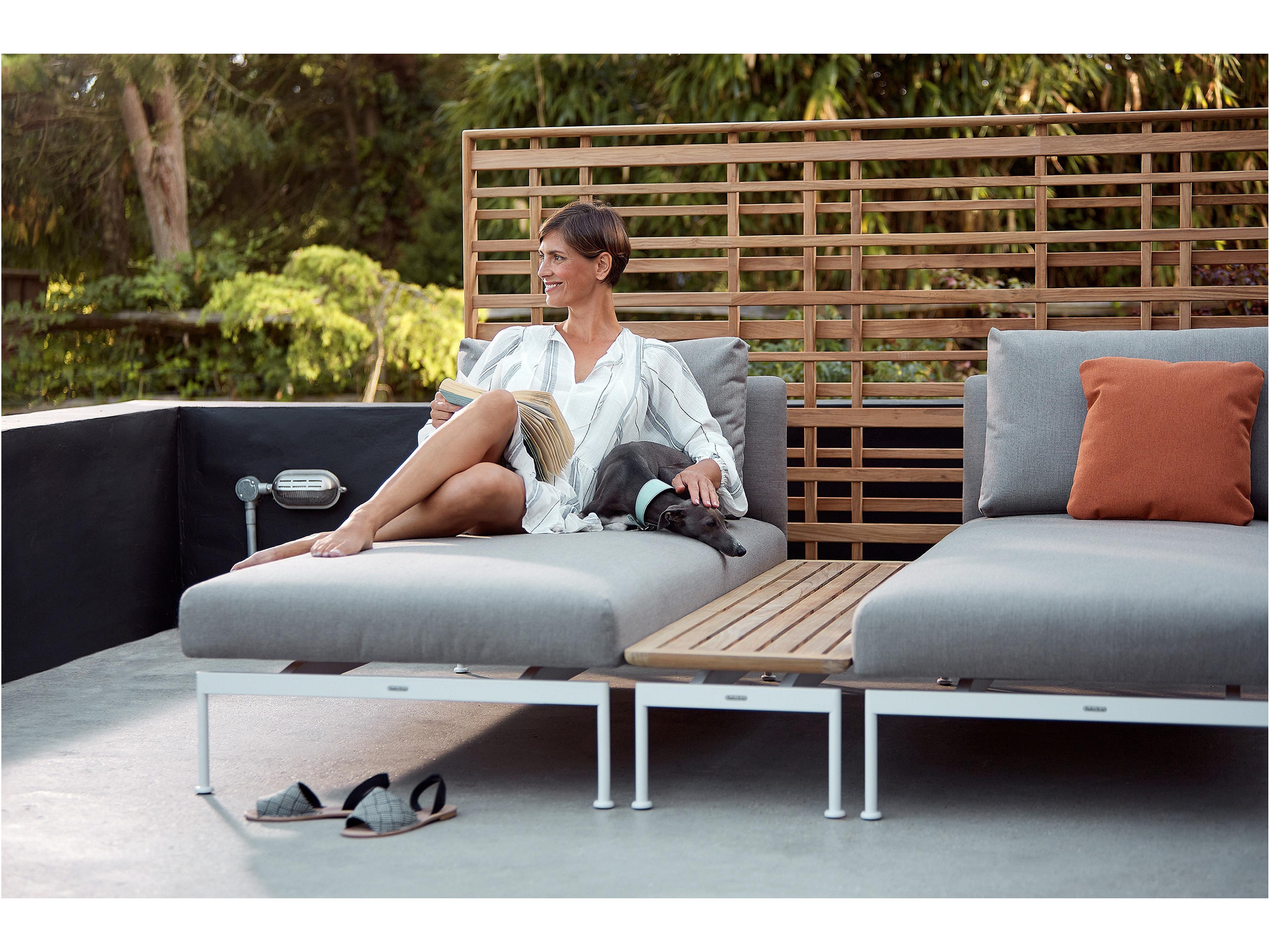 Barlow Tyrie Layout Narrow Console Table Arctic White Powder-Coated Stainless Steel Natural Teak