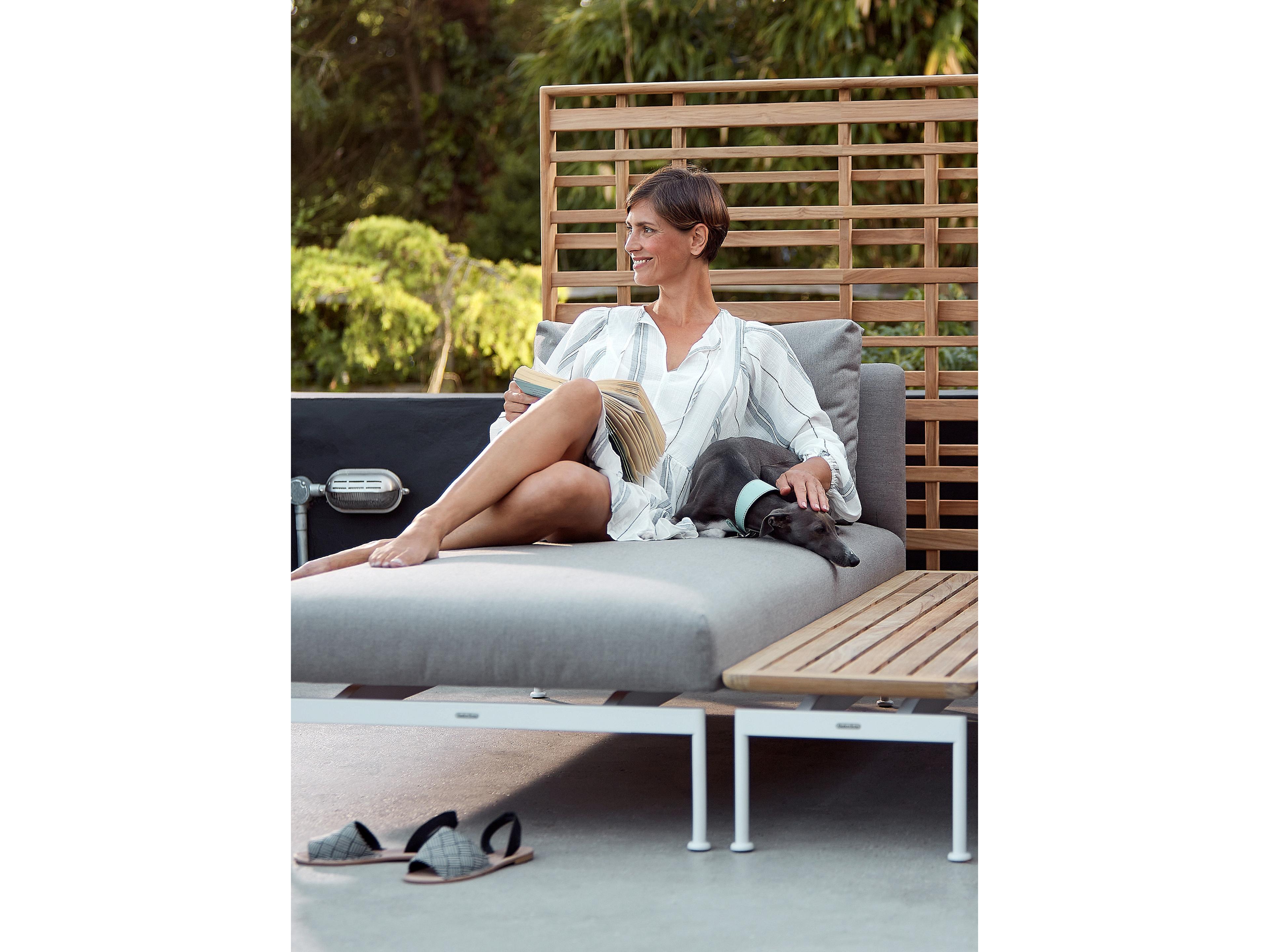 Barlow Tyrie Layout Narrow Console Table Arctic White Powder-Coated Stainless Steel Natural Teak