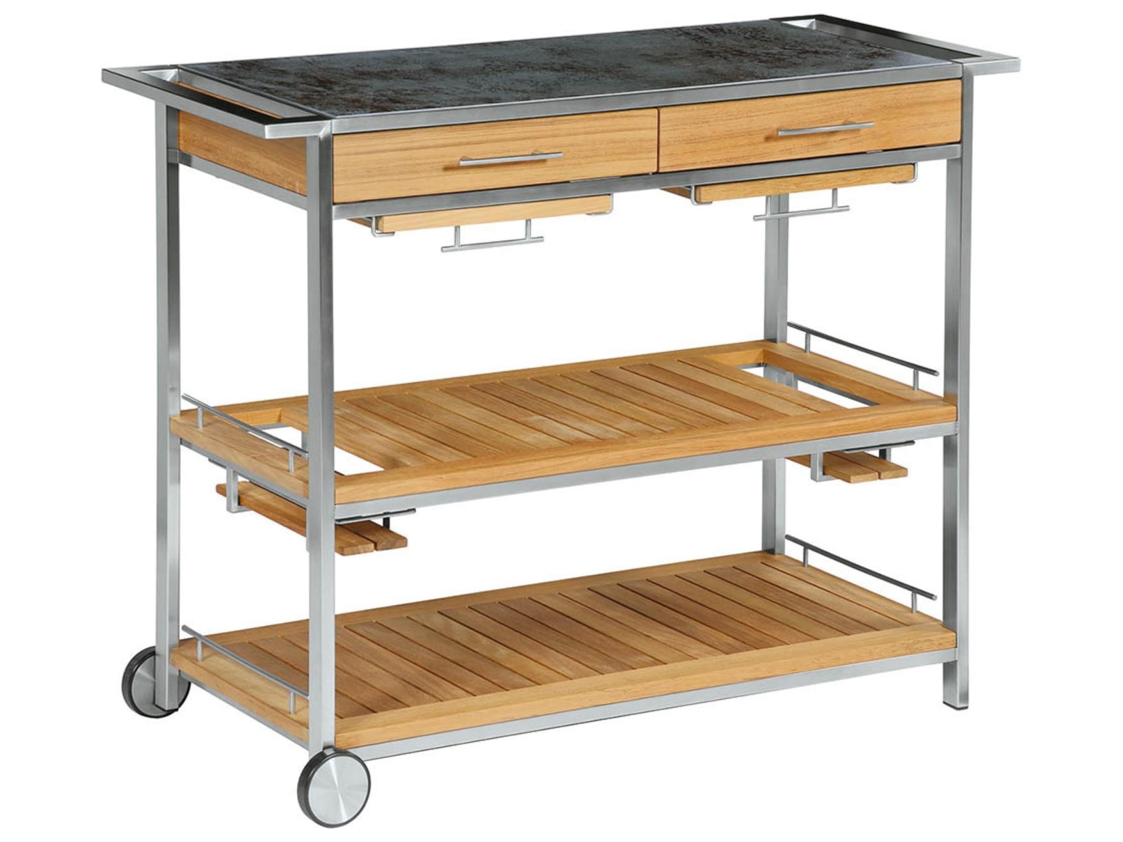 Mercury Serving Table  Stainless Steel & Natural Teak Frame  Oxide Italian Ceramic