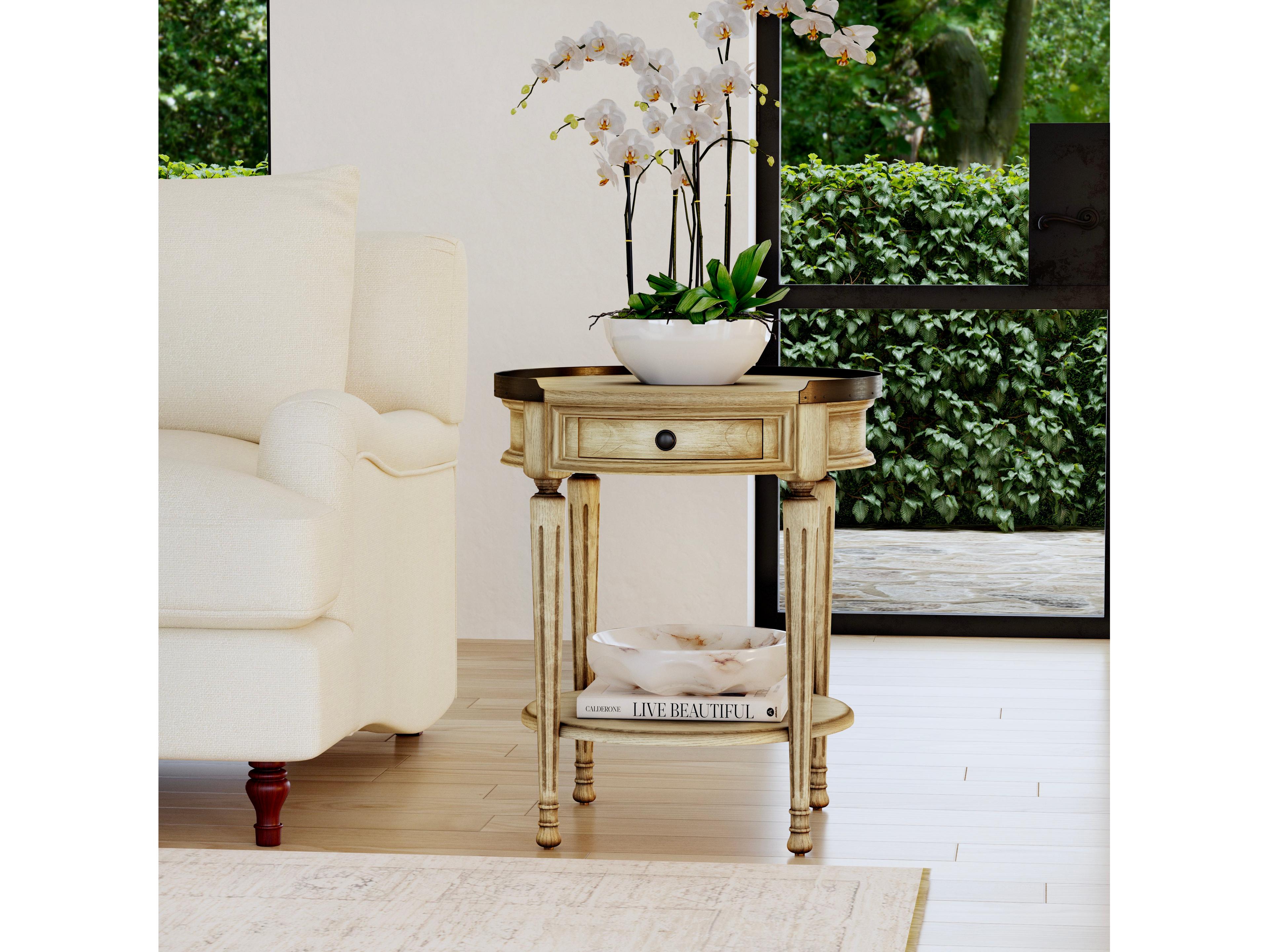 Butler Sampson Round Wood Antique Beige End Table