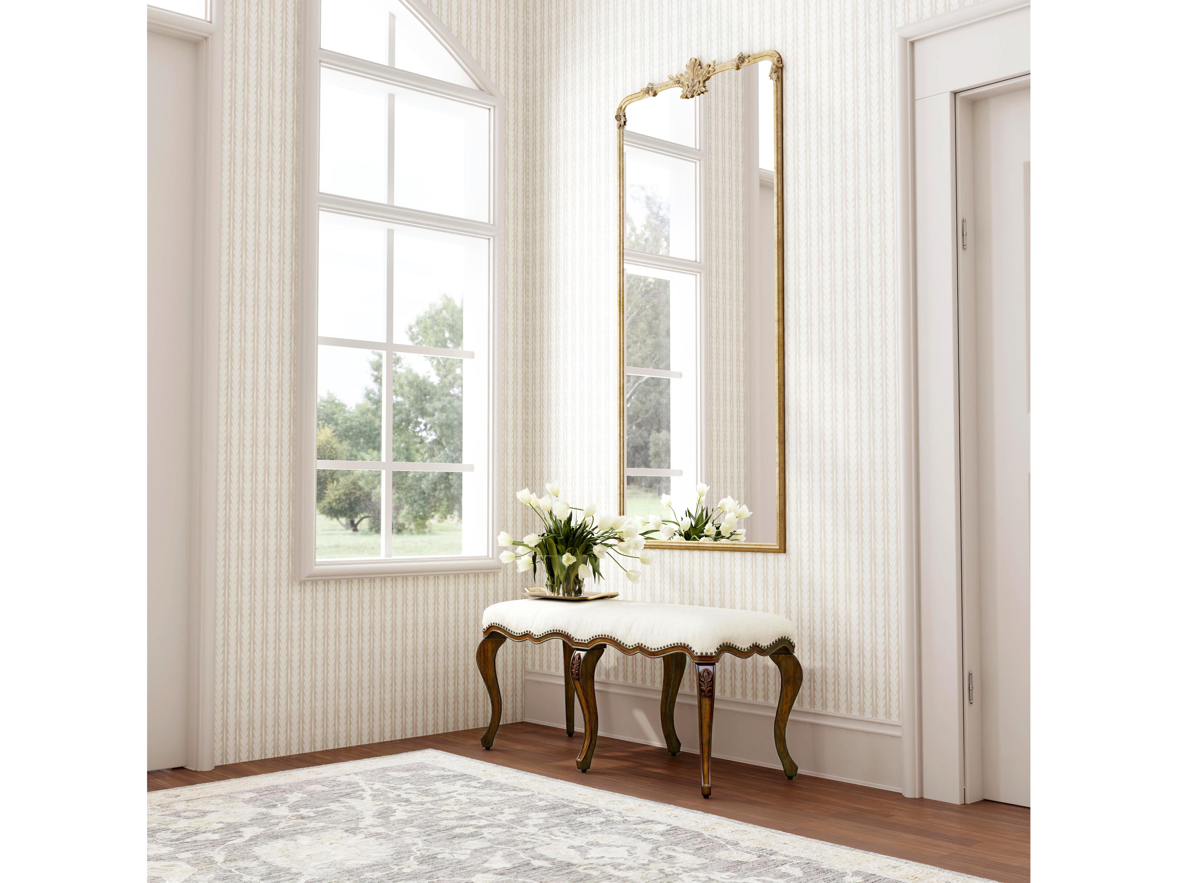 Butler Michelline Antique Cherry Beige Upholstered Accent Bench