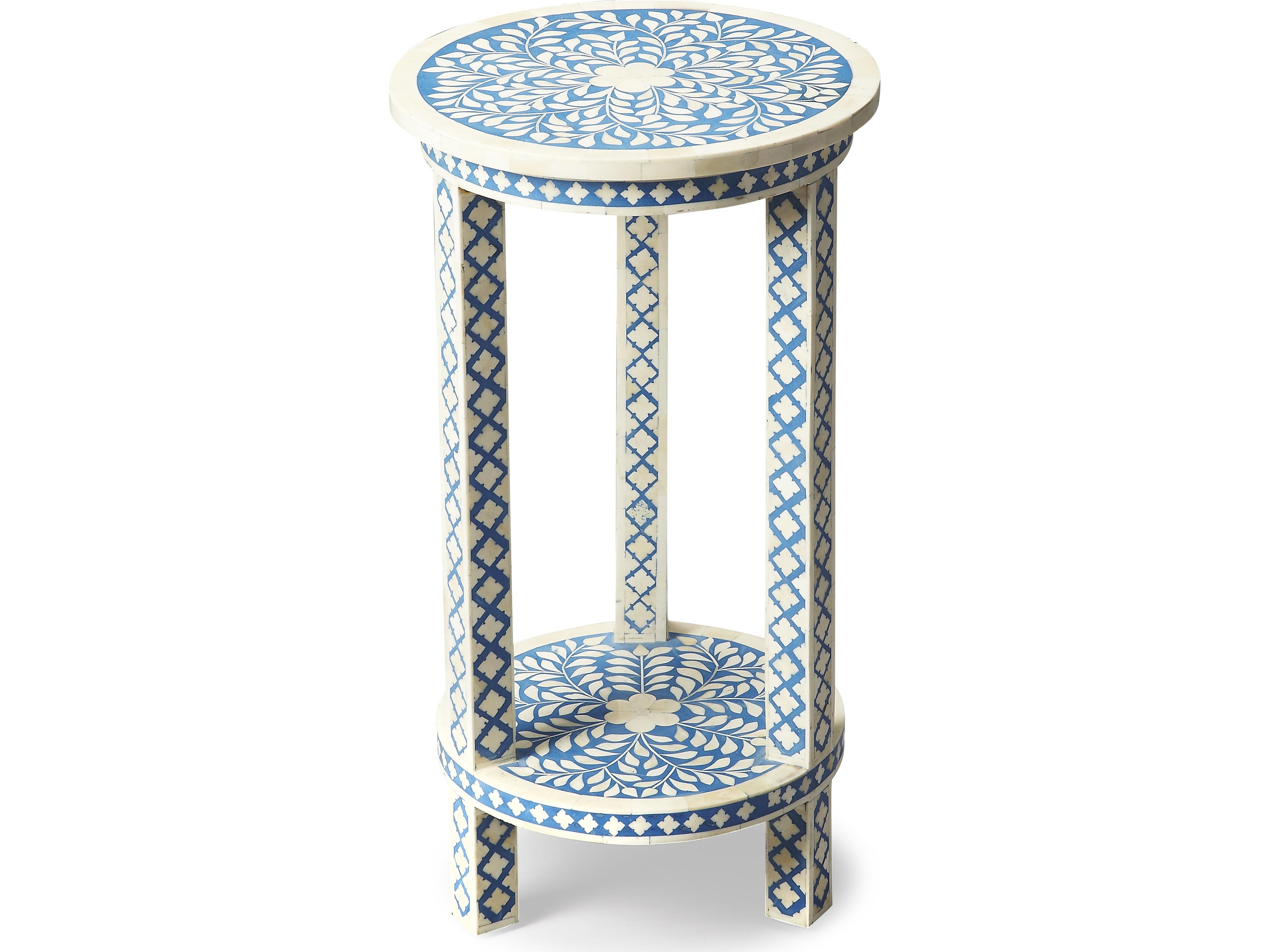 Vivienne Round Wood Blue And White Bone End Table