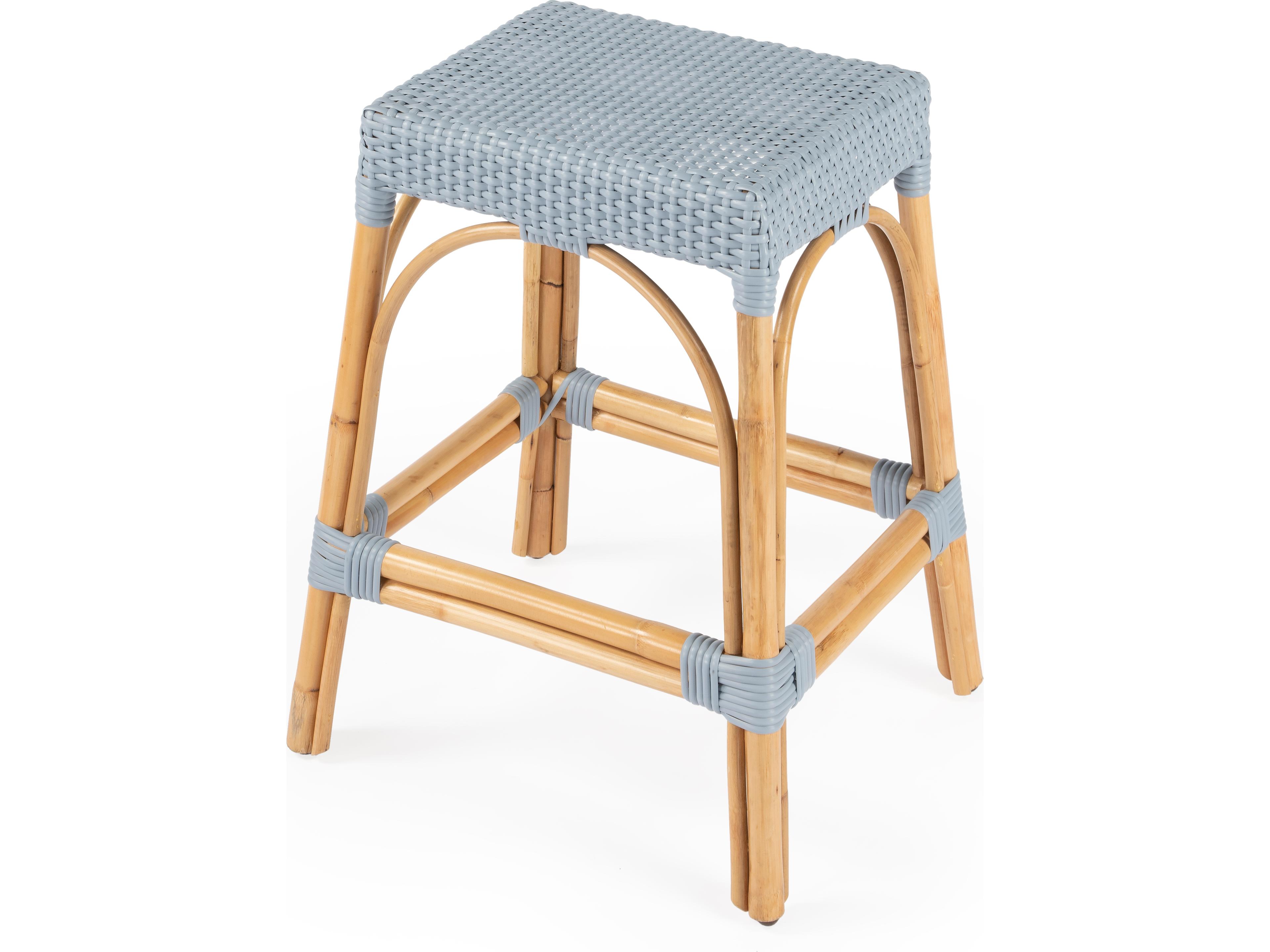 Robias Baby Blue Natural Rattan Frame Counter Stool