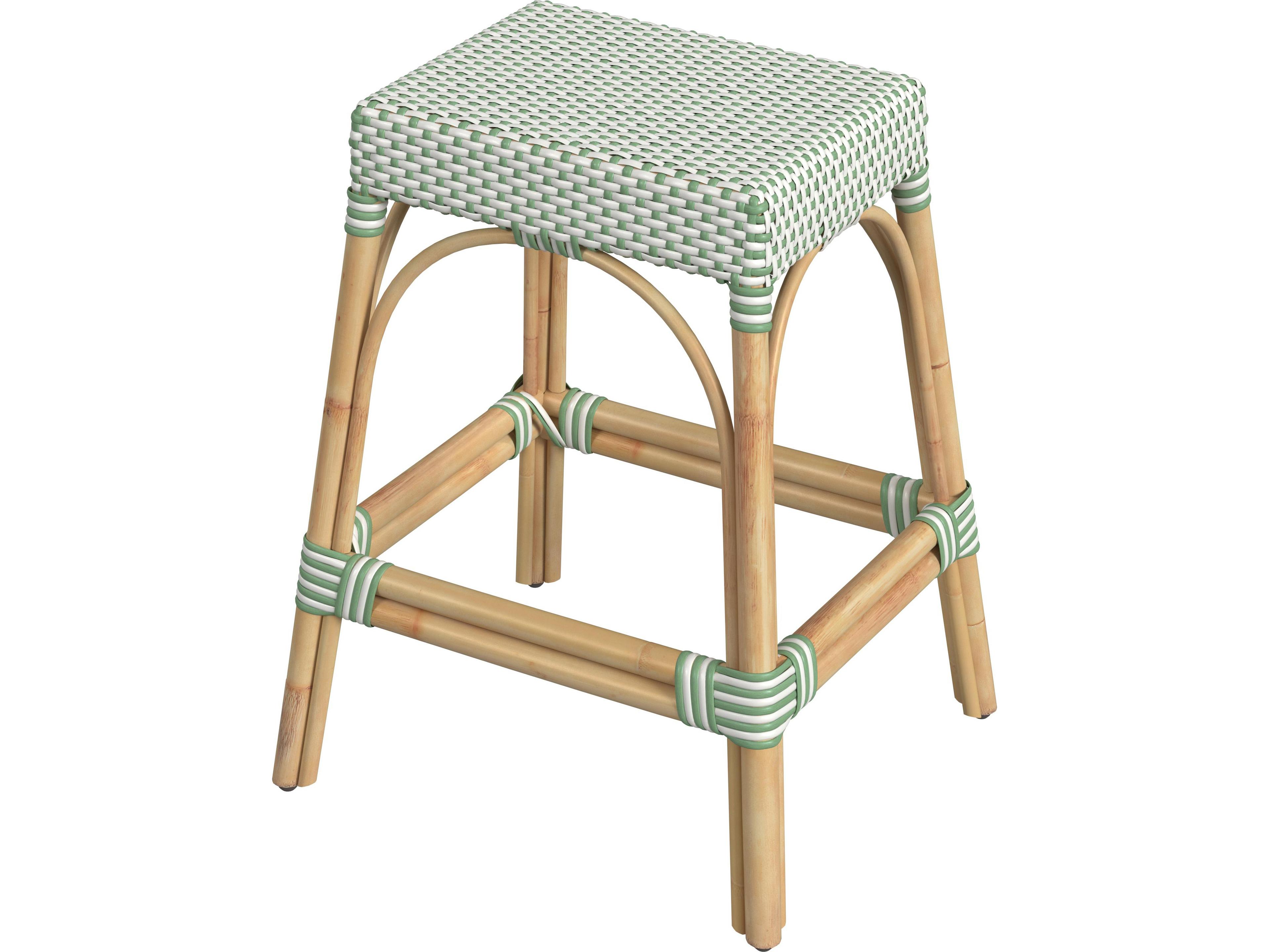 Robias White green Dot Natural Rattan Frame Counter Stool