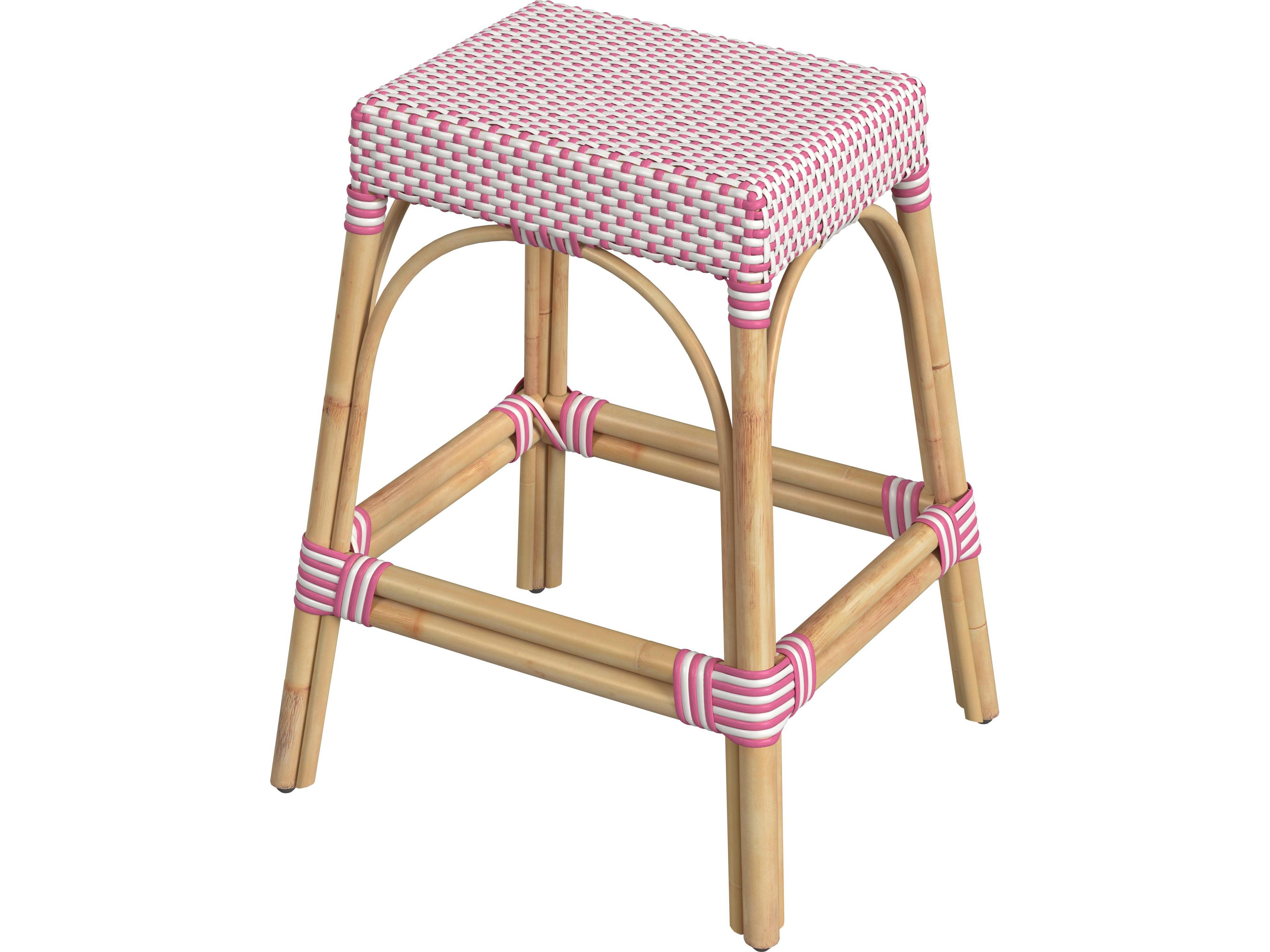 Robias White pink Dot Natural Rattan Frame Counter Stool