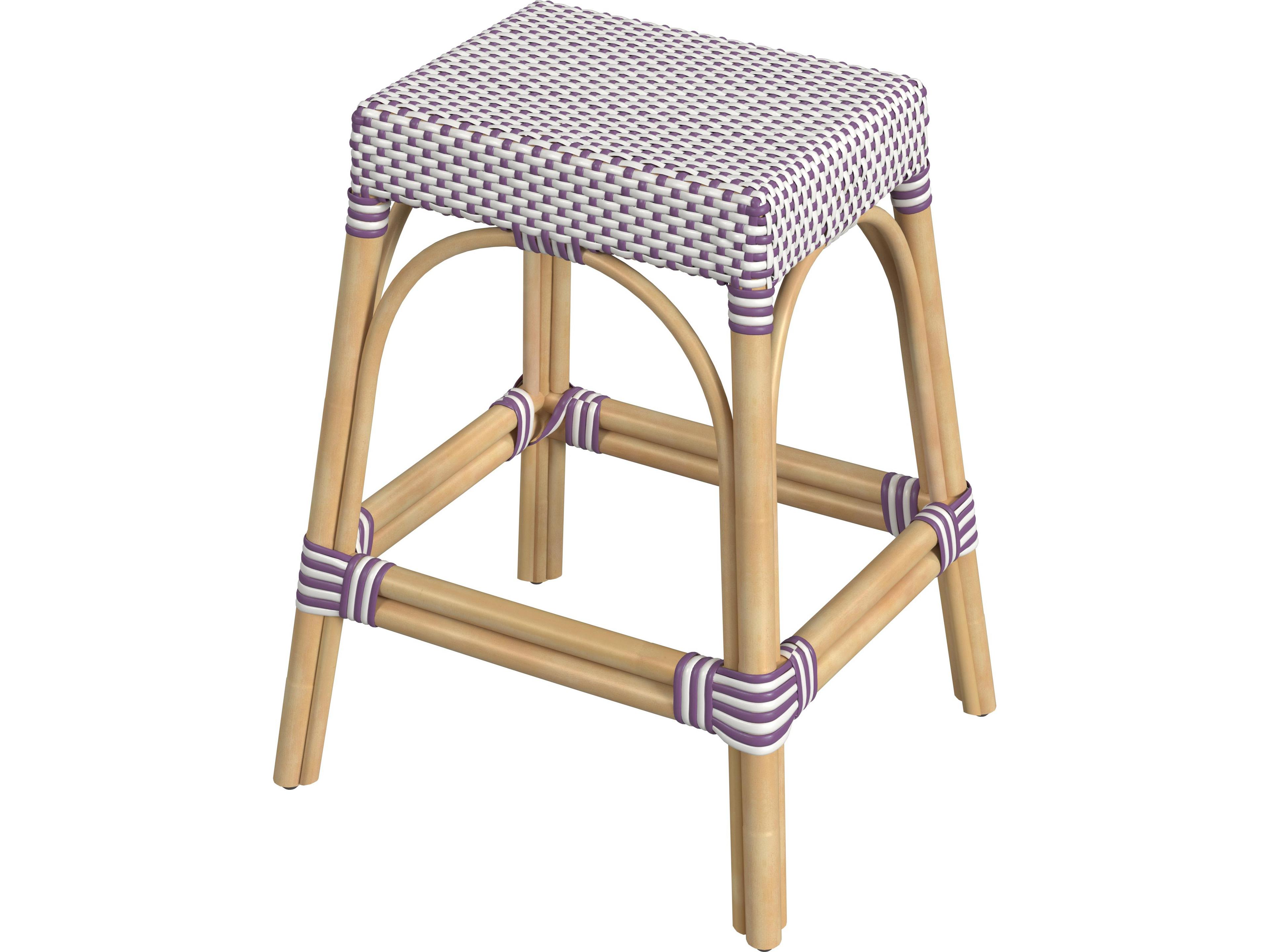 Robias White purple Dot Natural Rattan Frame Counter Stool