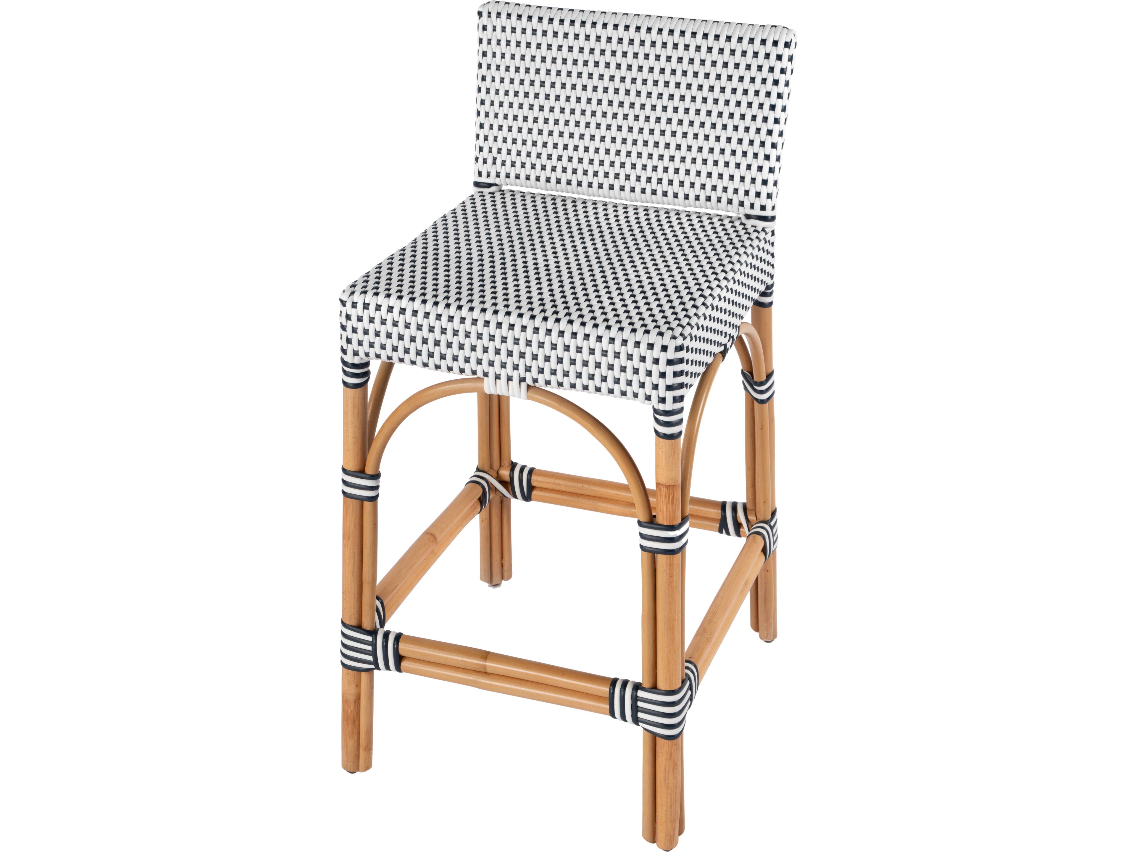 Serienna White navy Dot Natural Rattan Frame Counter Stool