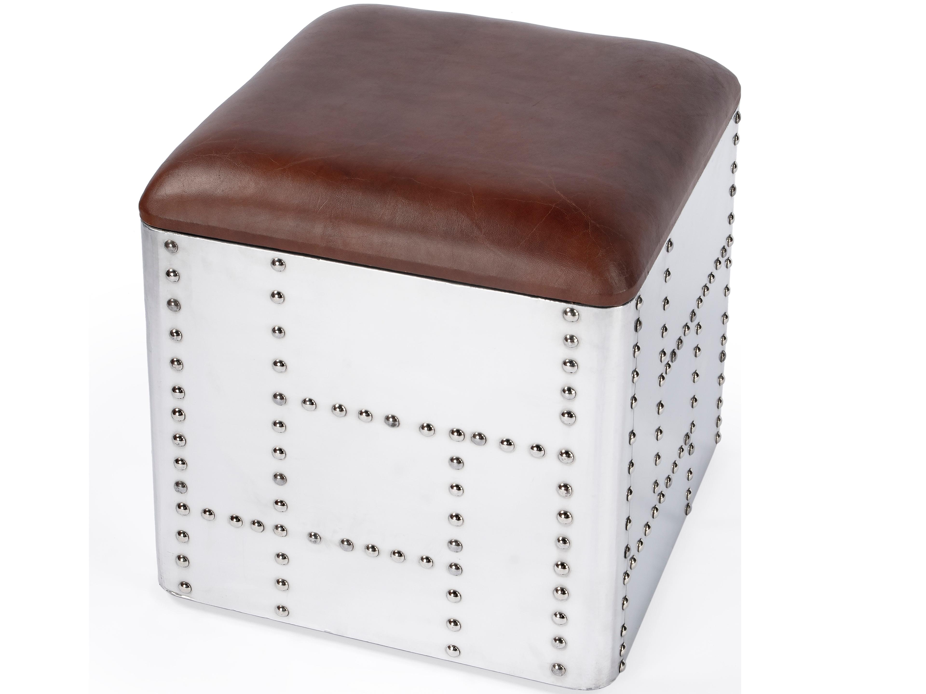 Midway Metalworks Brown Leather Ottoman